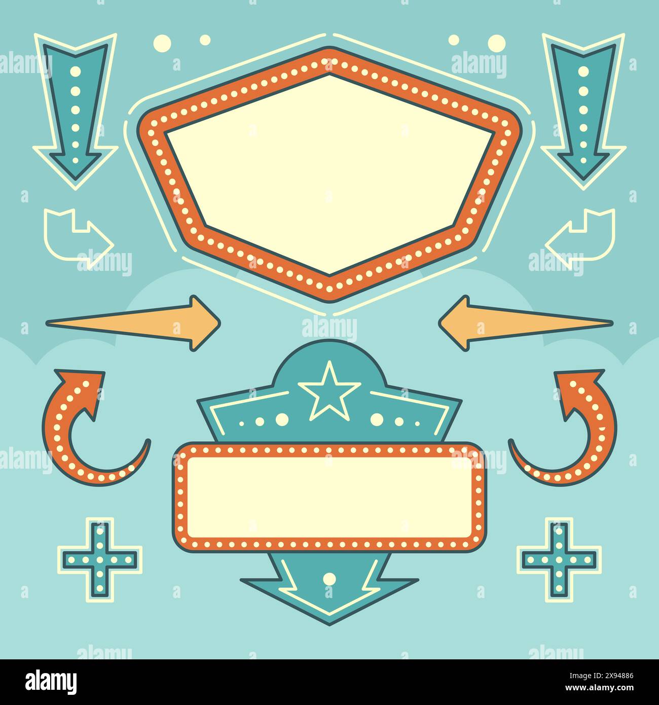 Retro American 1950er Jahre Design-Elemente-Set. Leuchtmittel Für Reklametafeln, Rahmen, Pfeile, Symbole, Neonlampen. Für Werbung: Poster Retro Sign. V Stock Vektor