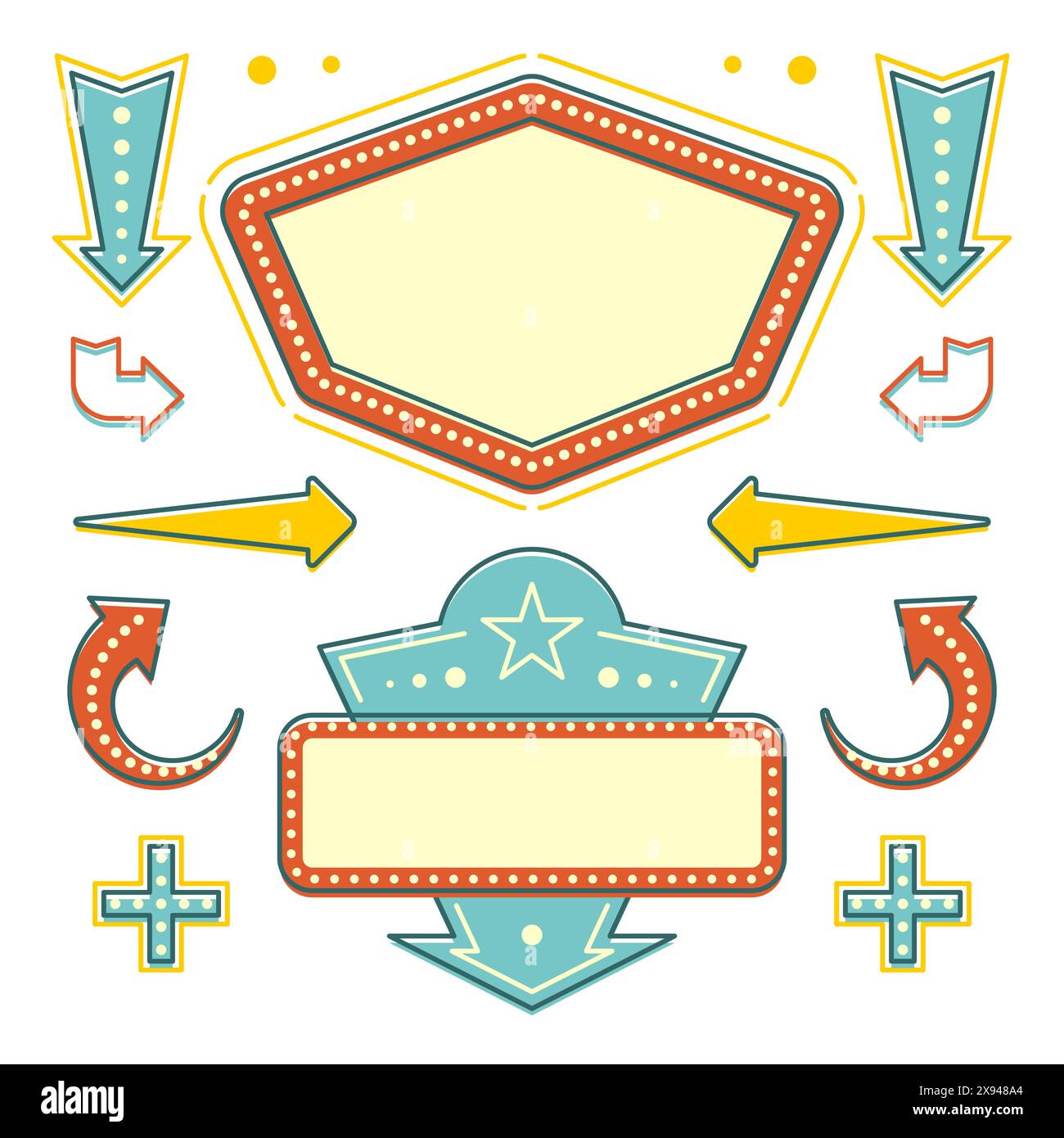 Retro American 1950er Jahre Design-Elemente-Set. Leuchtmittel Für Reklametafeln, Rahmen, Pfeile, Symbole, Neonlampen. Für Werbung: Poster Retro Sign. V Stock Vektor