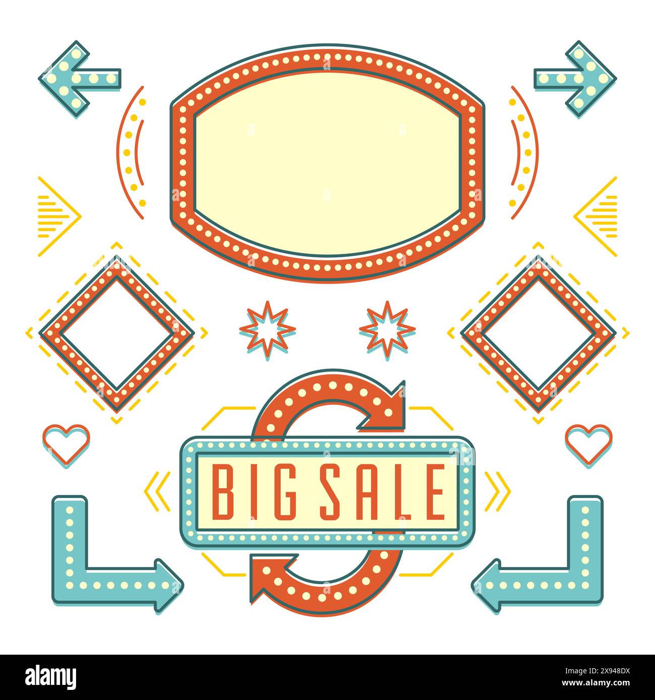 Retro American 1950er Jahre Design-Elemente-Set. Leuchtmittel Für Reklametafeln, Rahmen, Pfeile, Symbole, Neonlampen. Für Werbung: Poster Retro Sign. V Stock Vektor