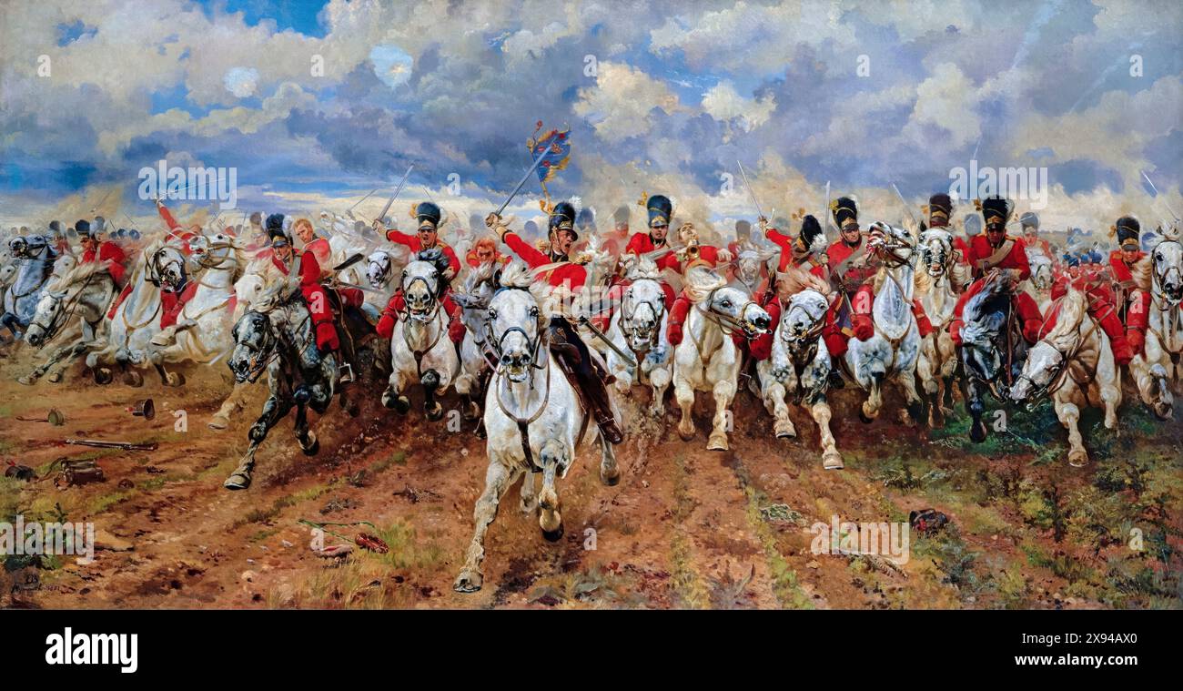 Elizabeth Thompson (Lady Elizabeth Butler), „Scotland Forever“, Battle of Waterloo Painting in Oil on Canvas, 1881 Stockfoto