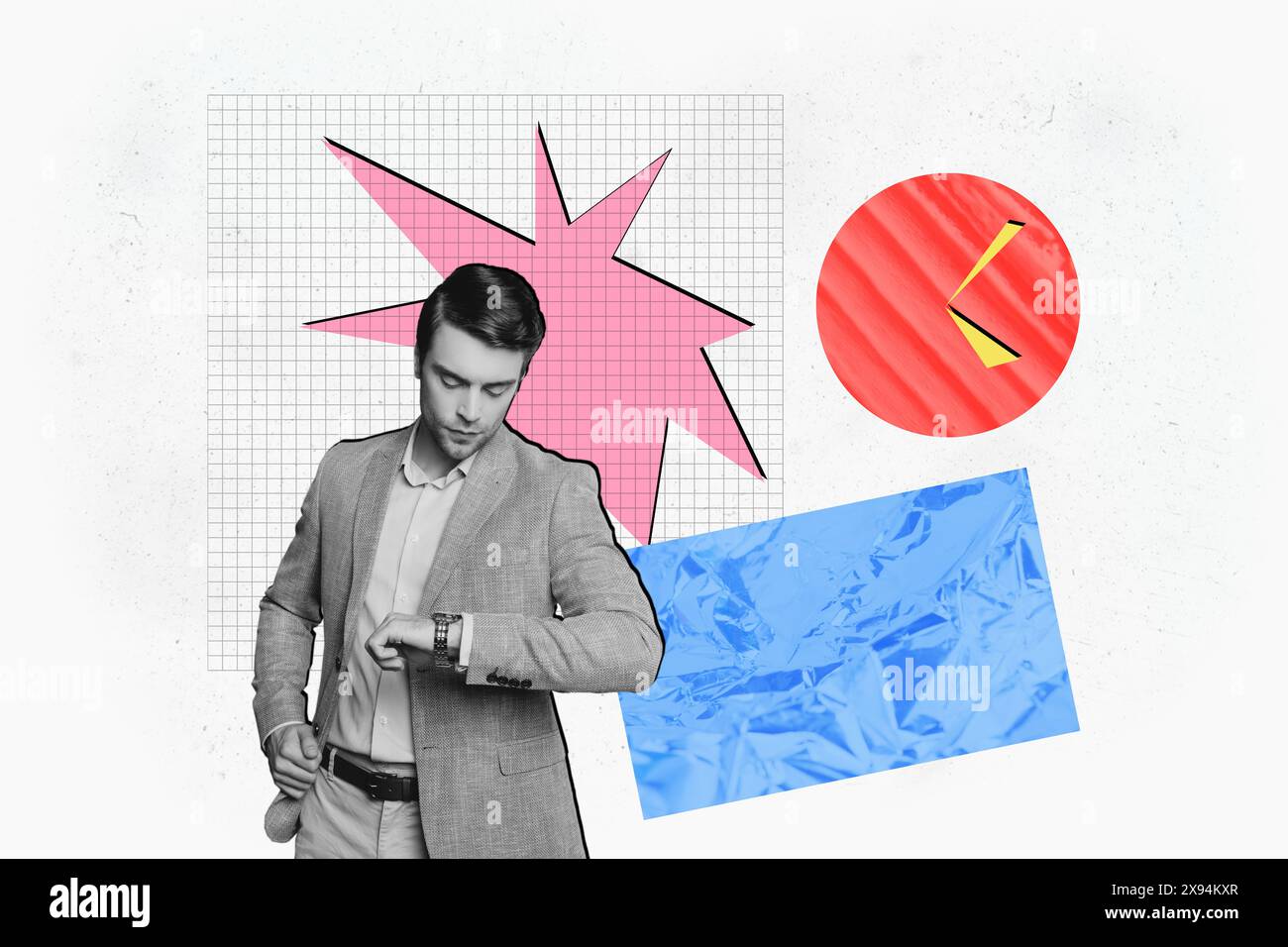 Composite Trend Artwork Skizzenbild 3D Foto Collage von schwarz weiß beschäftigten Mann Geschäftsmann Uhr Look Uhr auf Hand Timr über Deadline Stockfoto