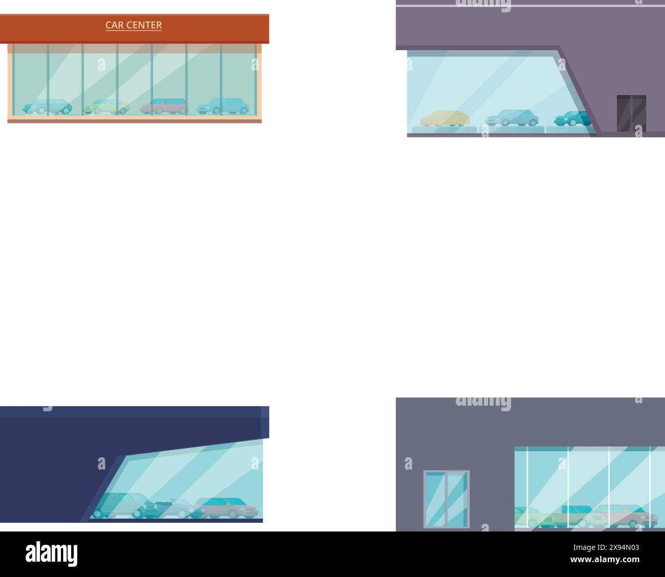 Sammlung von Vektorabbildungen, die verschiedene Designs von Außenbereichen des Autohauses zeigen Stock Vektor