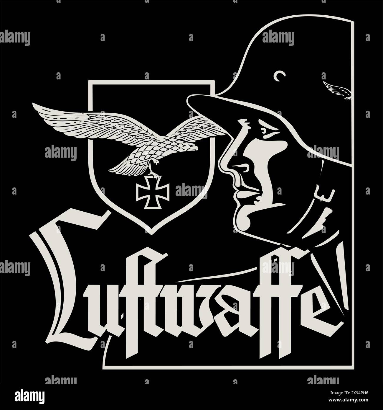 Entworfen von der deutschen Luftwaffe. Deutscher Soldat mit Helm und Aufschrift der Luftwaffe Stock Vektor