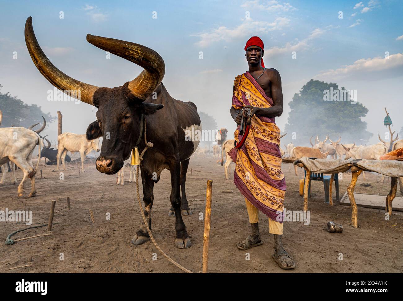 Mundari-Mann mit einem Kalaschnikow posiert mit einem Bullen mit riesigen Hörnern, Mundari-Stamm, Südsudan, Afrika Stockfoto