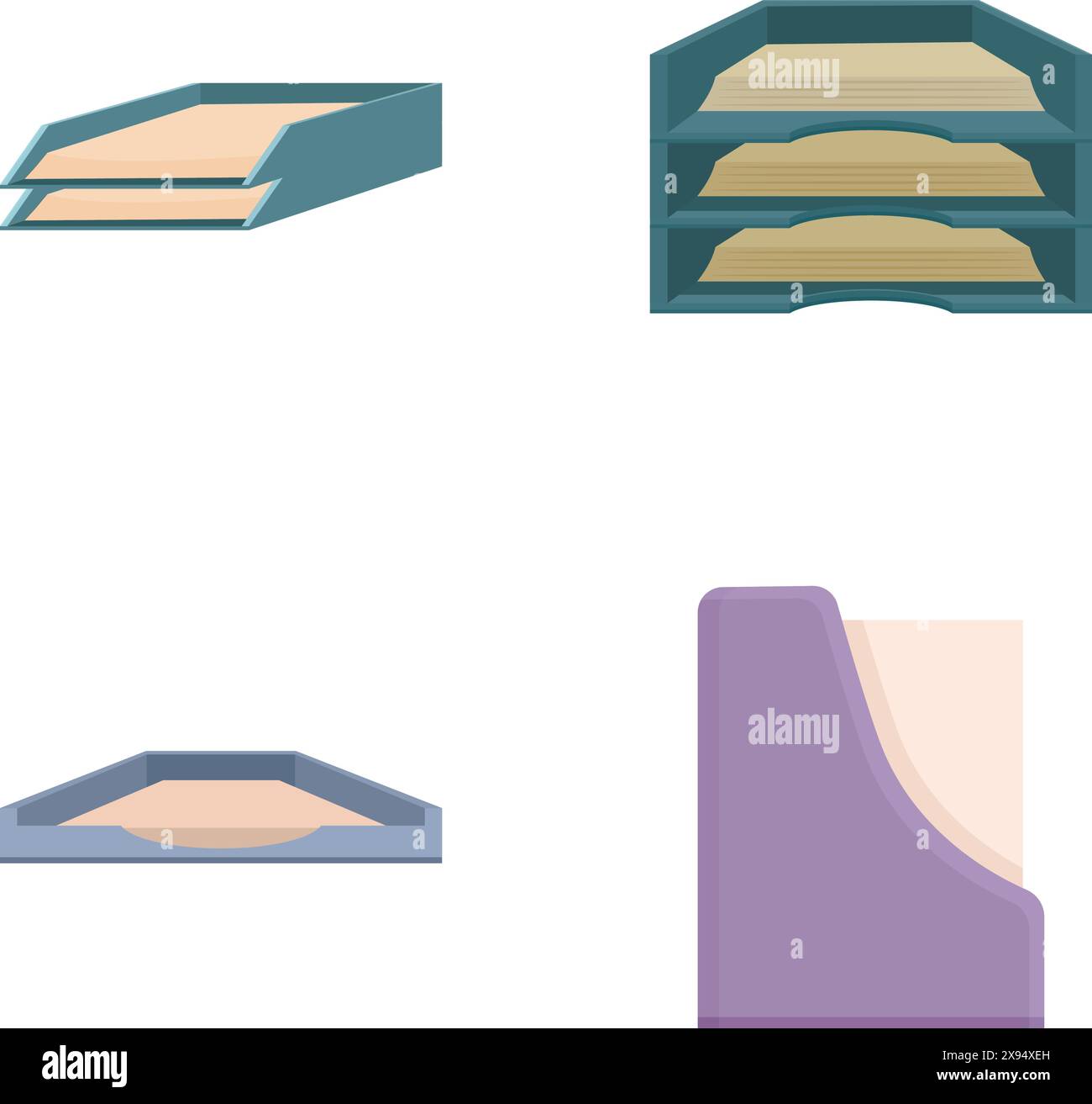 Verschiedene moderne, minimalistische Bücherregale in lila und grau. Vektorgrafik-Sammlung für Bibliothek. Startseite. Büro. Und Illustration der Innenarchitektur Stock Vektor