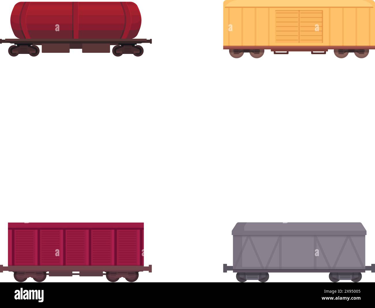 Sammlung von vier isolierten Vektordarstellungen bunter Güterzugwagen Stock Vektor