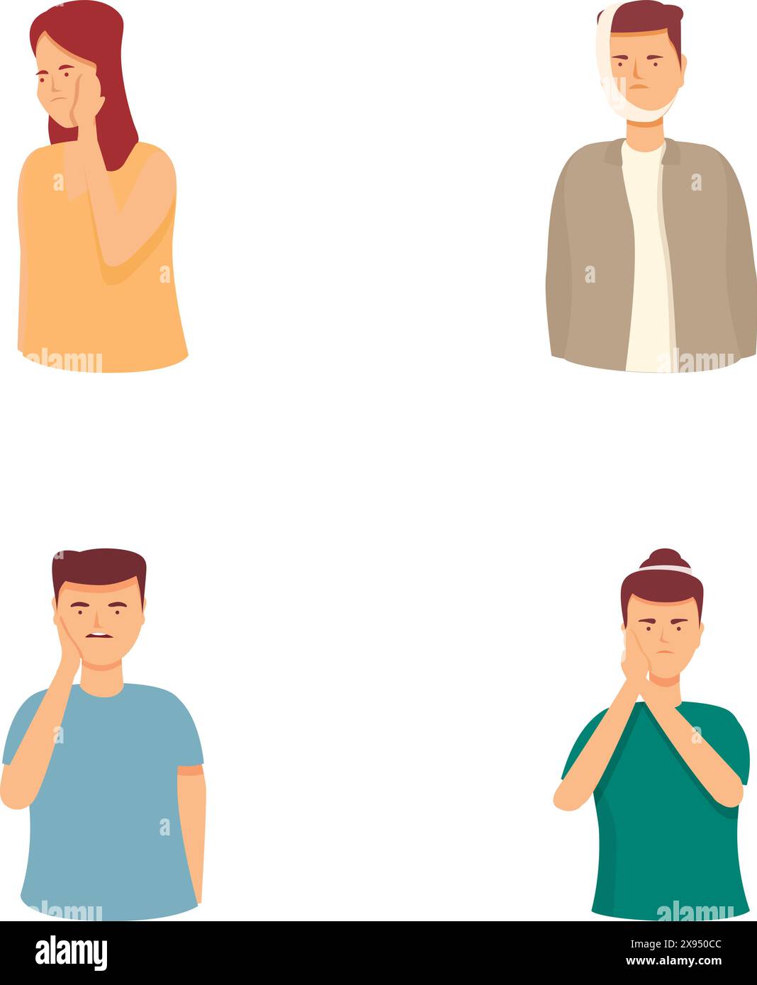 Vier Illustrationen, in denen Individuen unterschiedliche Emotionen durch Körpersprache und Gesichtsausdruck ausdrücken Stock Vektor
