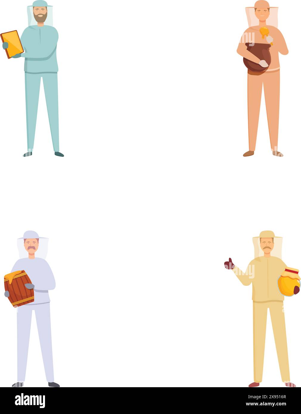 Vier Zeichentrickfiguren, die verschiedene Berufe mit ihren Werkzeugen repräsentieren Stock Vektor