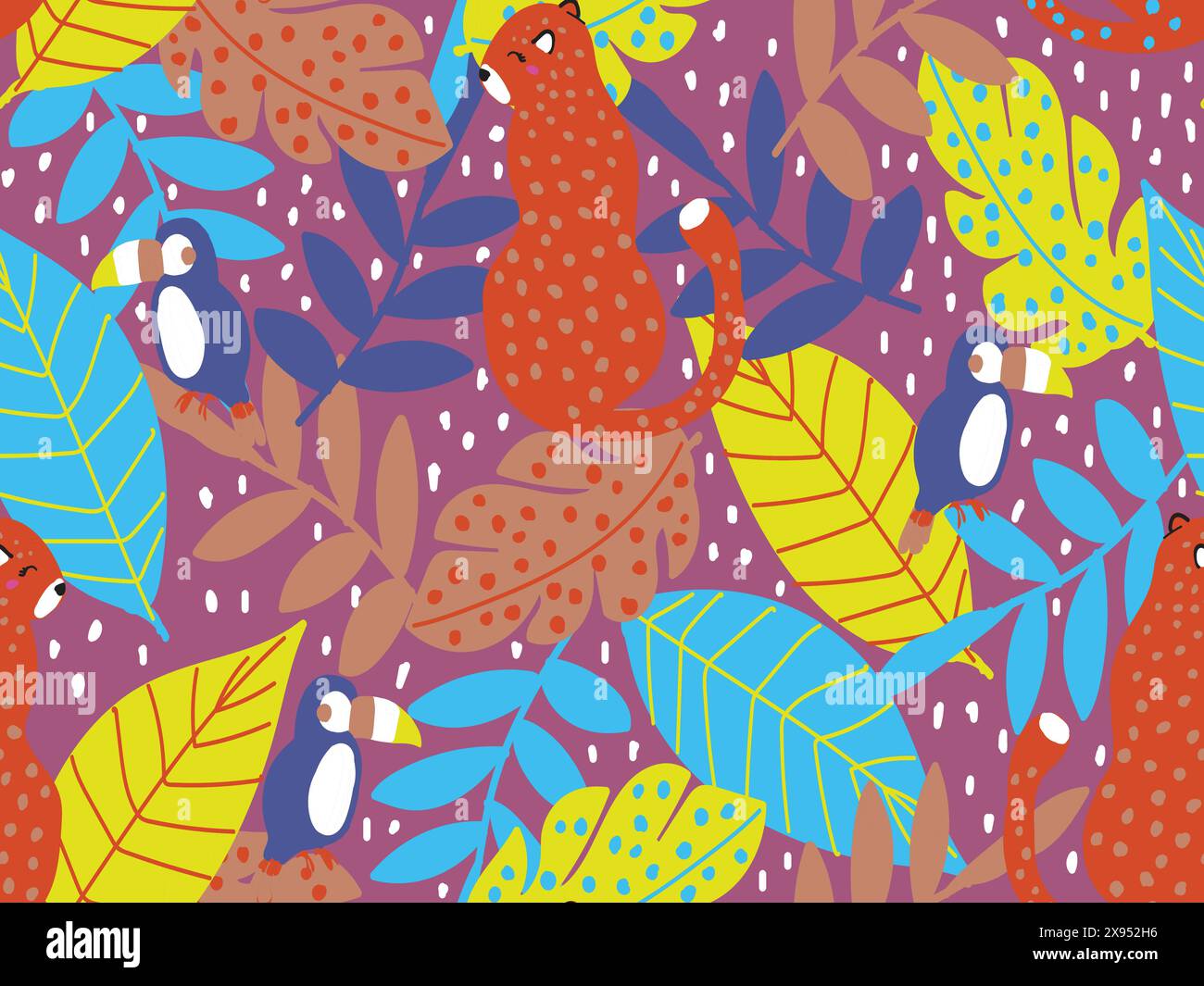 Nahtlose Textur mit Kakadu- und jaguar-Allover-Muster mit prähistorischen, bezaubernden Tieren, die von Hand gezeichnet werden Stock Vektor