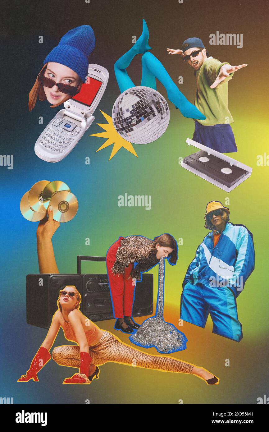 Musikstimmung und Partyspaß. Junge, stilvolle Menschen in stylischer Retro-Kleidung, die Spaß haben. Verlaufender Hintergrund. Gadgets. Kreative Collage. Stockfoto