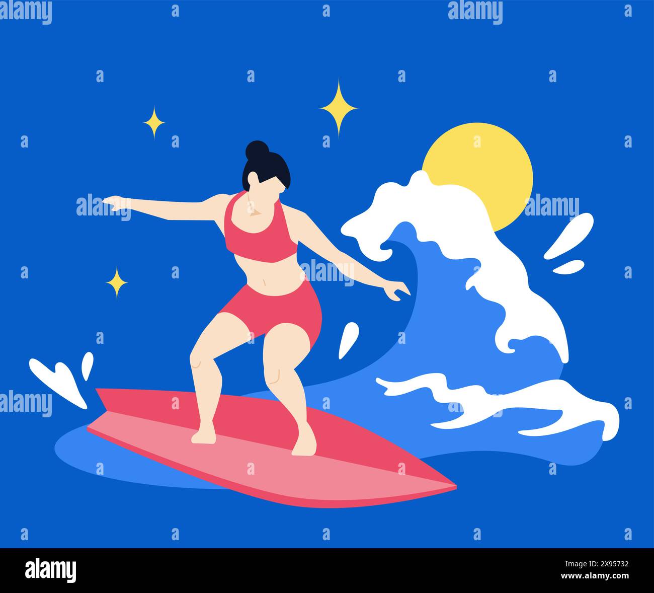 Weibliche Surferin auf einer Welle - moderne farbige Vektorillustration Stock Vektor