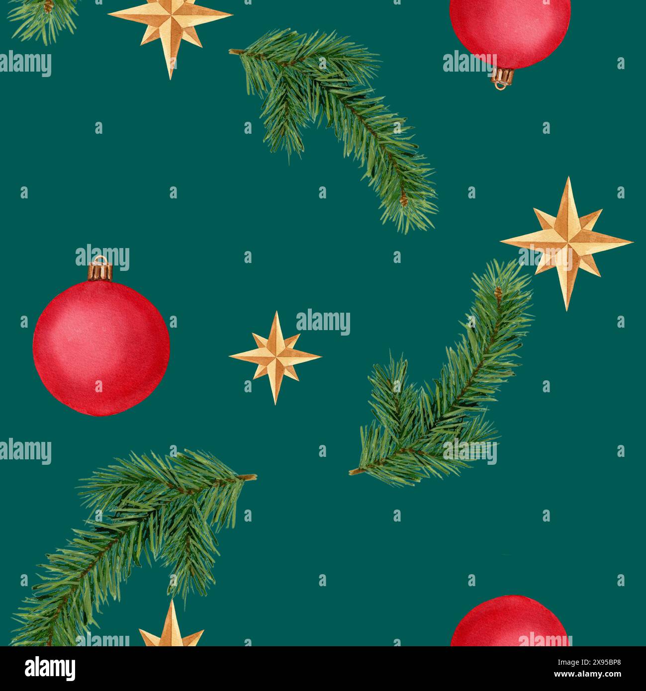 Nahtloses Aquarellmuster mit Kiefern, Sternen und Weihnachtskugeln. Handgemachte Aquarellabbildung auf grünem Hintergrund. Für Verpackungspapier, Textil, W Stockfoto
