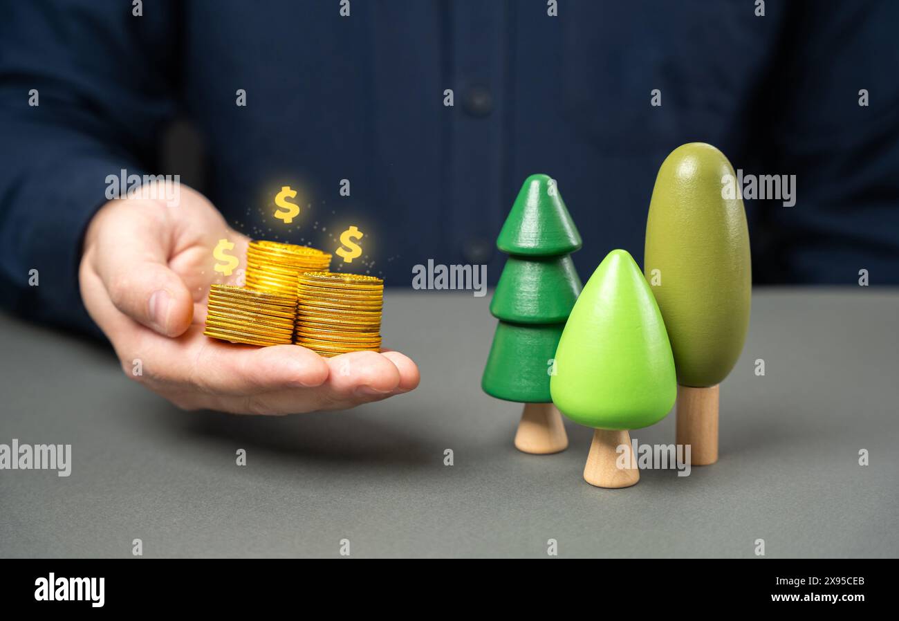 Erwerb natürlicher Ressourcen und Grundstücke. Beschaffung von Wäldern, Holz. Genehmigung für die Entwicklung und Ernte von Holz. Spenden zum Schutz der Natur und zur Wiederherstellung Stockfoto