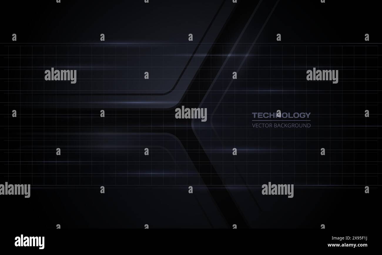 Schwarzer abstrakter 3D-Technologiehintergrund mit hellem Gitter. Dunkelgraue dreidimensionale Textur. Vektorabbildung Stock Vektor