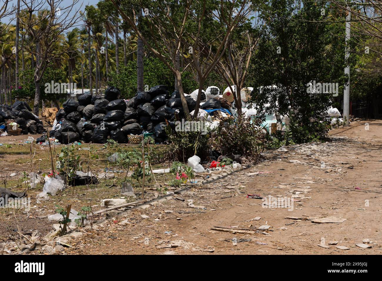 Riesige Mengen an Plastiktüten und anderen Müllabfällen, die in den Seitenstraßen einer tropischen Insel verstreut sind Stockfoto