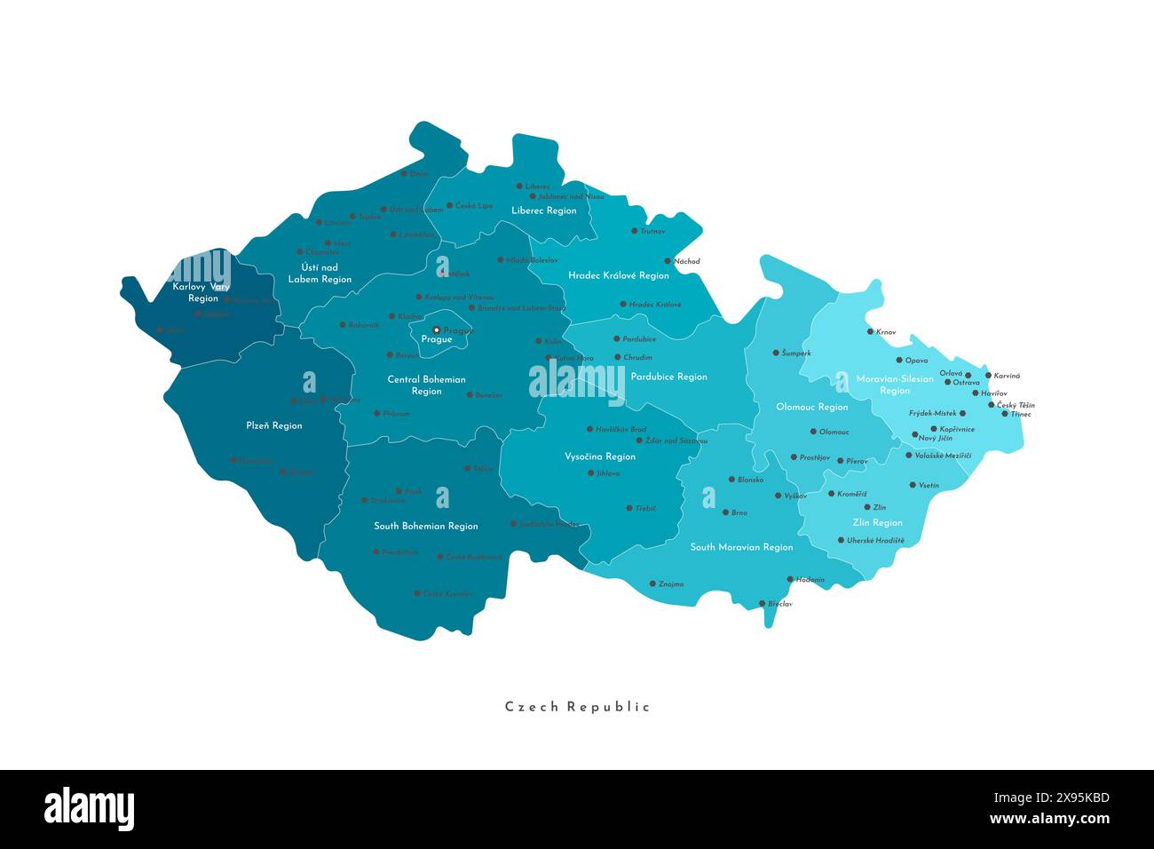 Vektor Moderne isolierte Illustration. Vereinfachte Verwaltungskarte der Tschechischen Republik. Namen der Hauptstadt, Städte und Regionen Stock Vektor