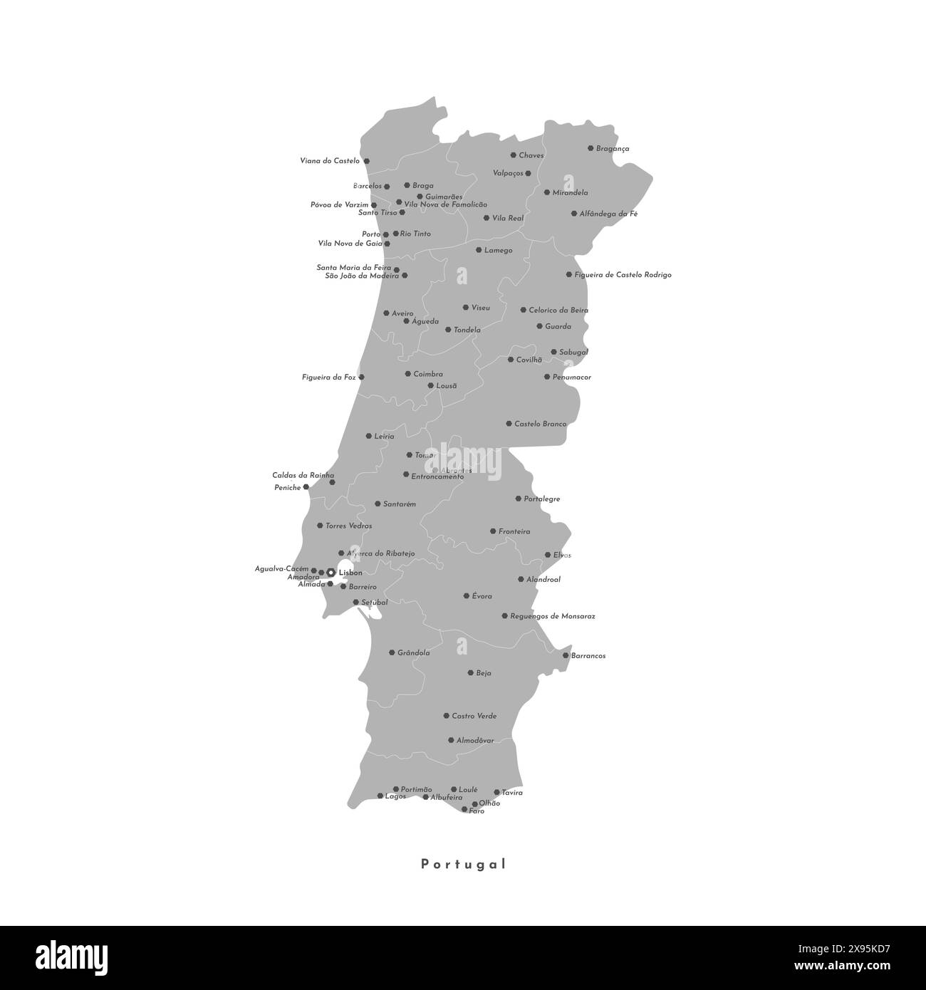 Vektor Moderne isolierte Illustration. Vereinfachte Verwaltungskarte Portugals. Namen der Hauptstadt Lissabon, Städte und Bezirke. Grau Stock Vektor