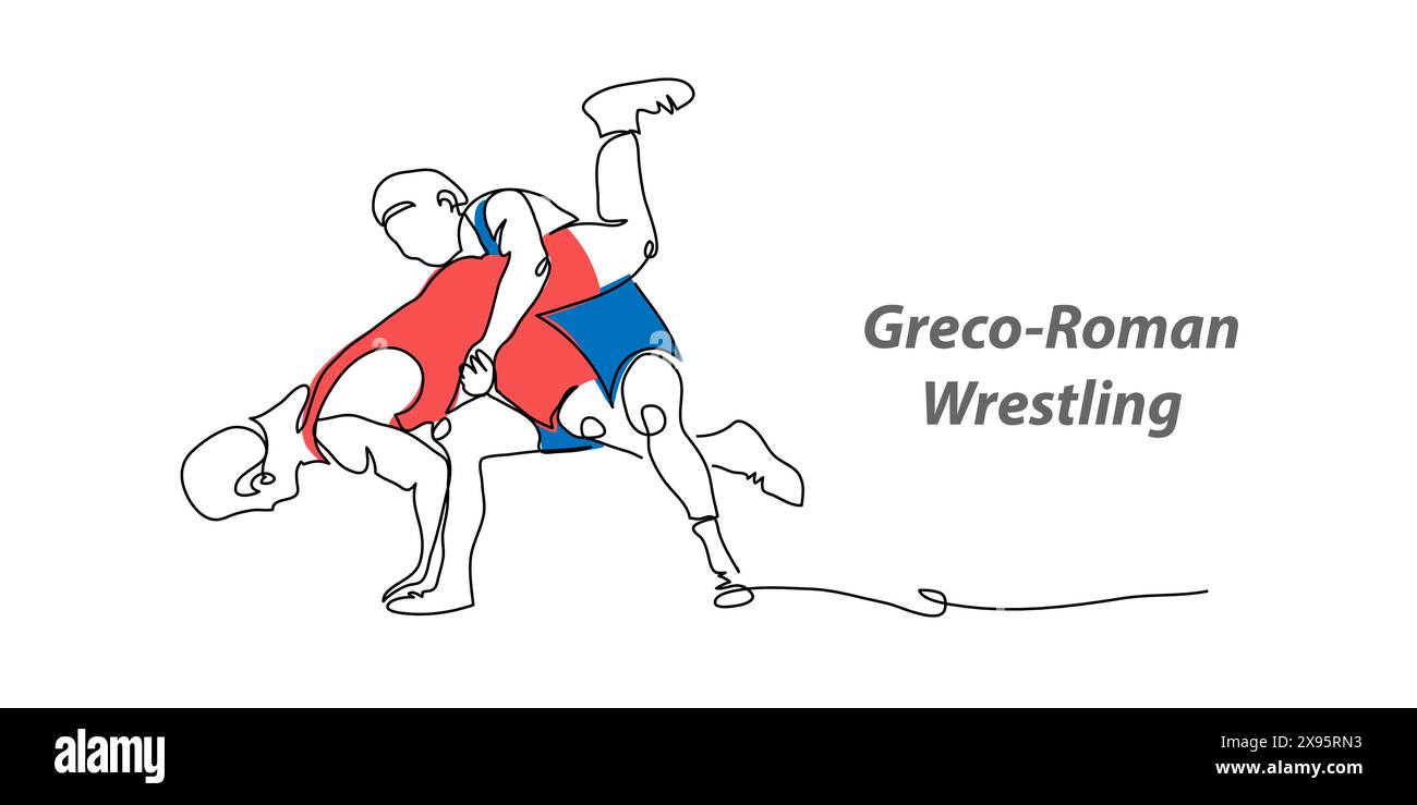 Greco roman Wrestling Vektor Hintergrund, Banner, Poster. Eine durchgehende Strichgrafik Illustration des Wrestlingsports Stock Vektor