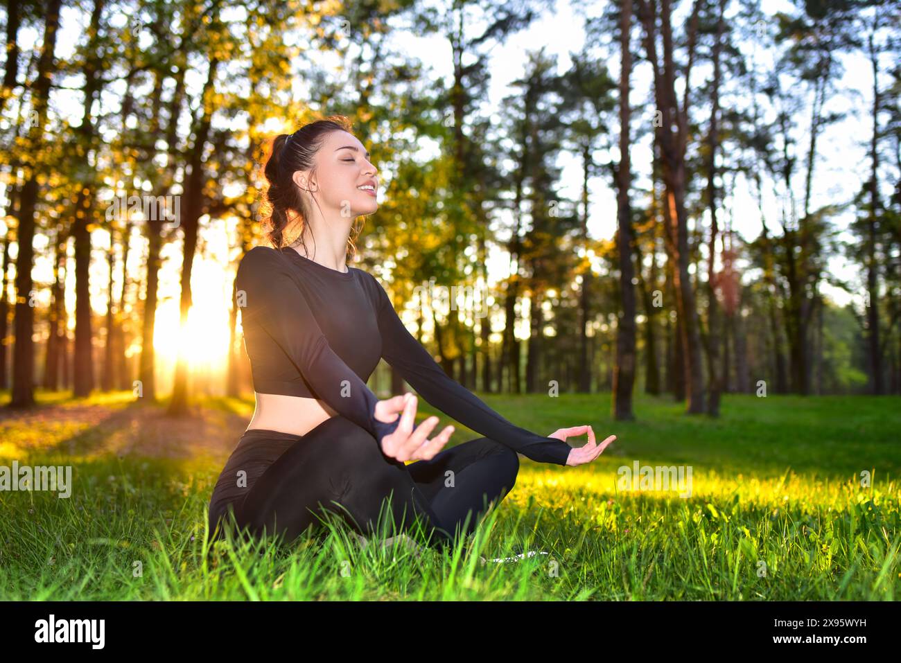 Eine junge Frau übt Meditation in einem ruhigen Wald während des Sonnenaufgangs aus, um Frieden und Achtsamkeit zu fördern Stockfoto