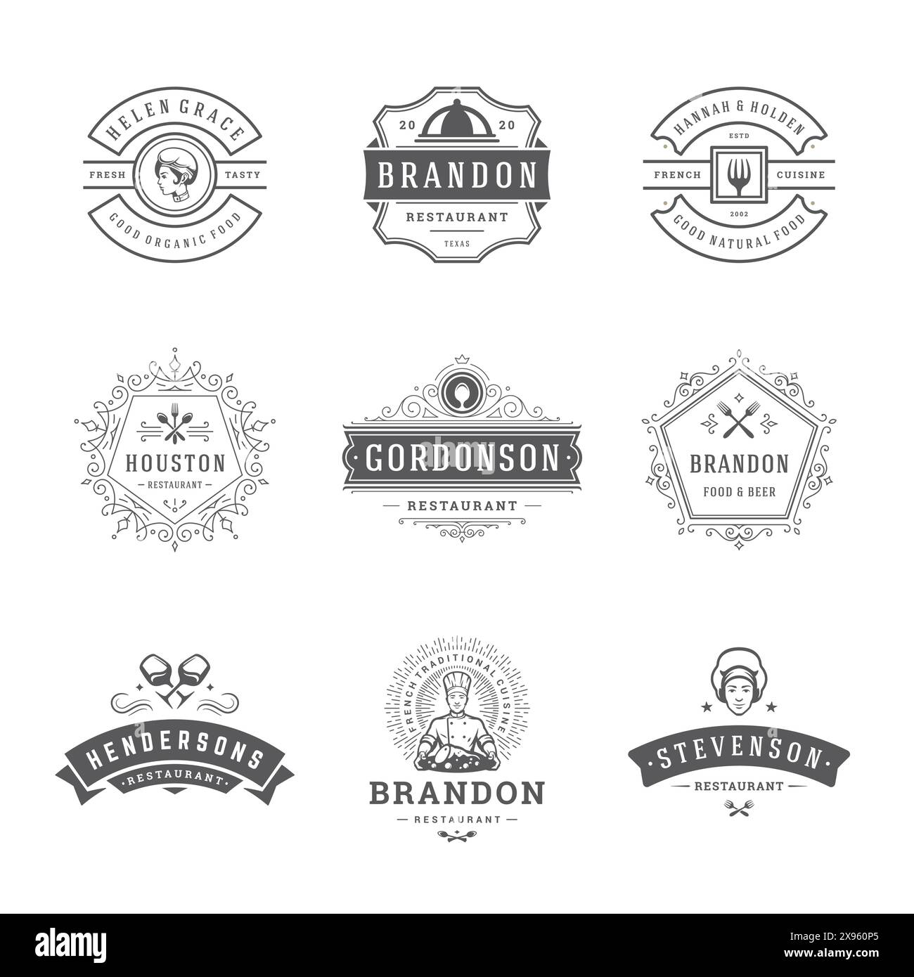 Restaurant Logos Vorlagen Set Vektor Illustration. Gut für die Speisekarte im Restaurant und die Kaffeeabzeichen. Vintage-Typografie-Designelemente und Silhouetten. Stock Vektor