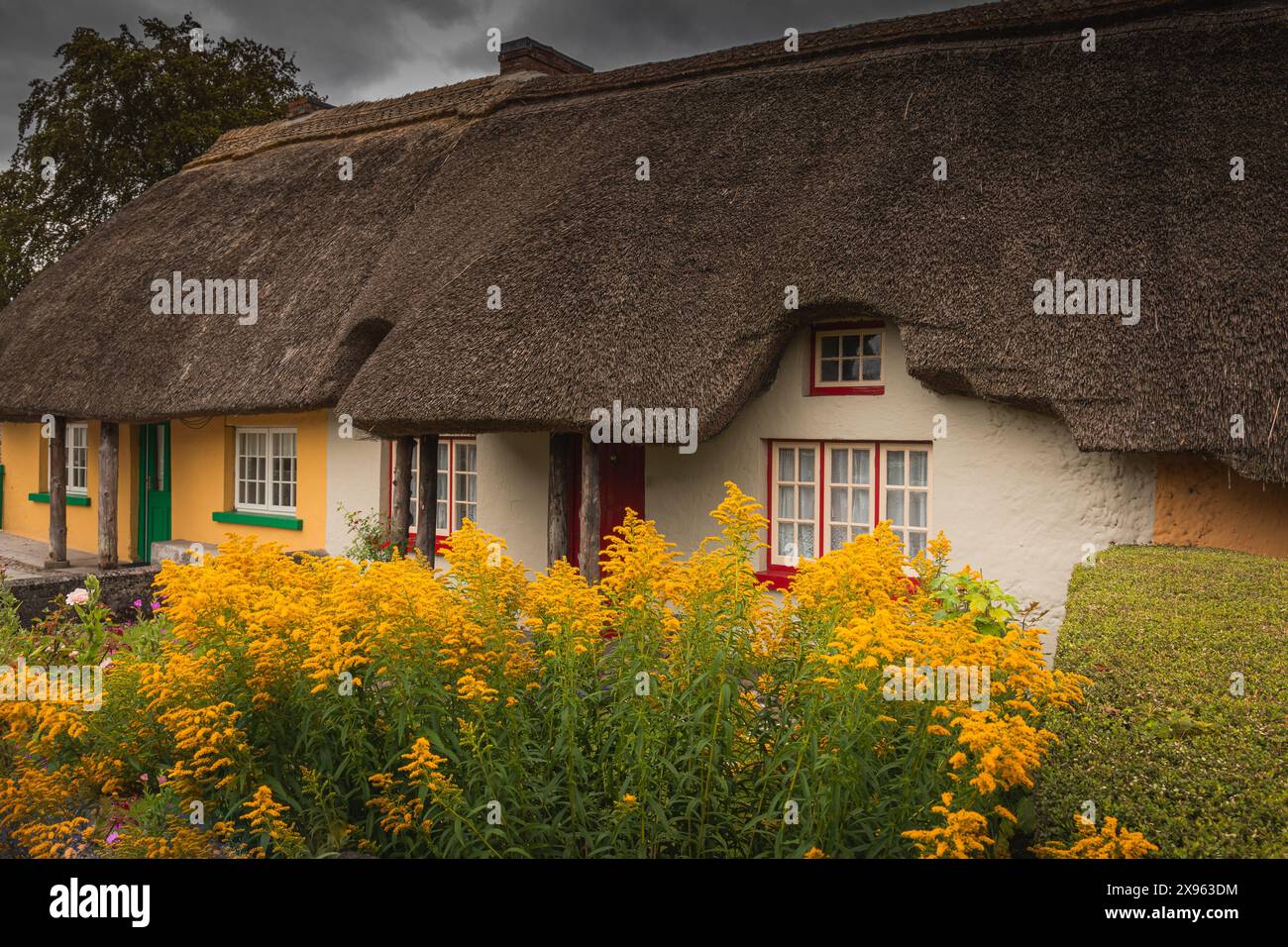 Adare, Irland 07.21.2019. Reetdachhaus im malerischen Dorf Adare, Co. Limerick voller Blumen im Vorgarten 2019 Irland, Europa Stockfoto