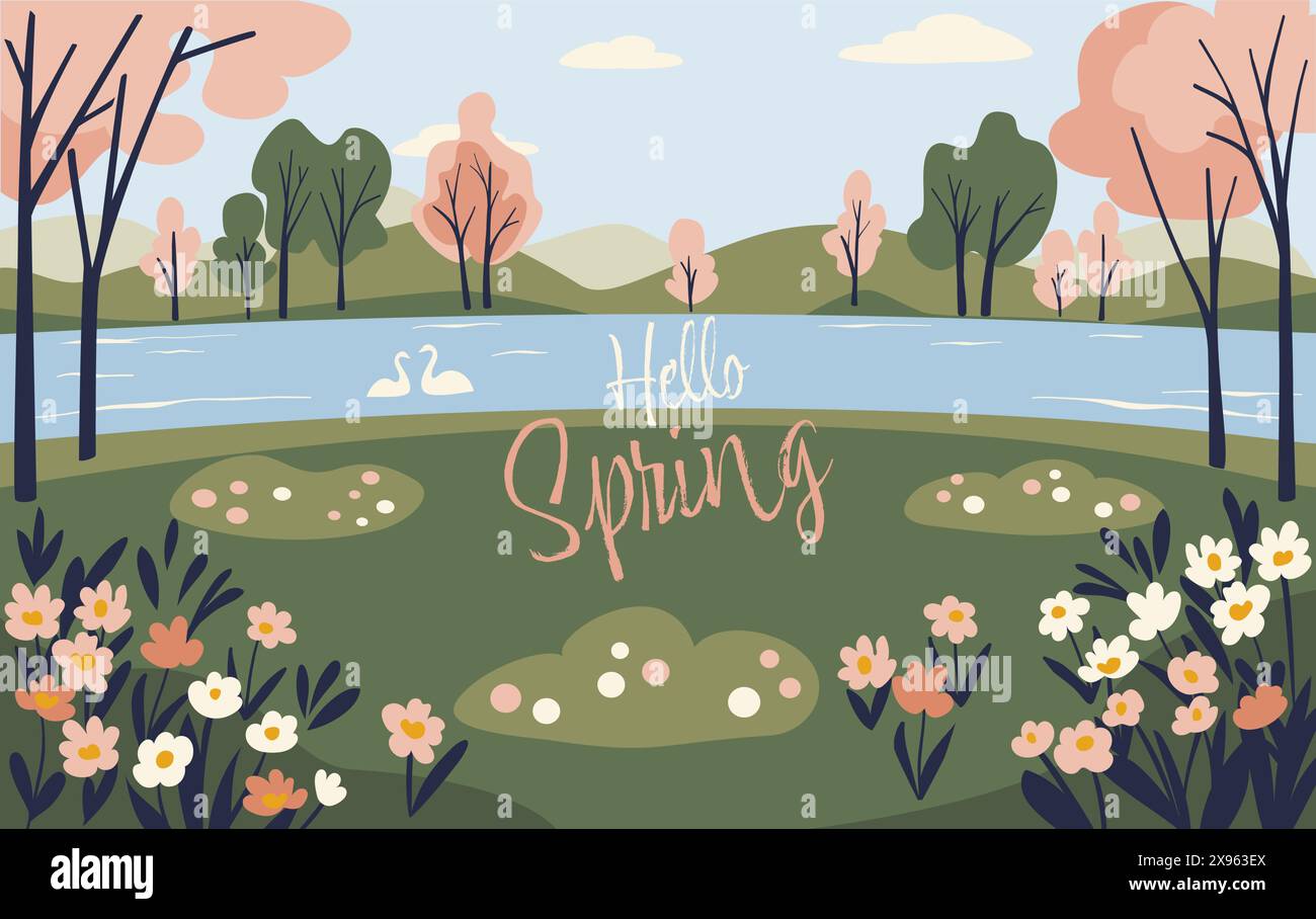 Konzeptposter Spring Park mit rosa blühenden Bäumen und See. Illustration des flachen Vektors im Querformat Stock Vektor