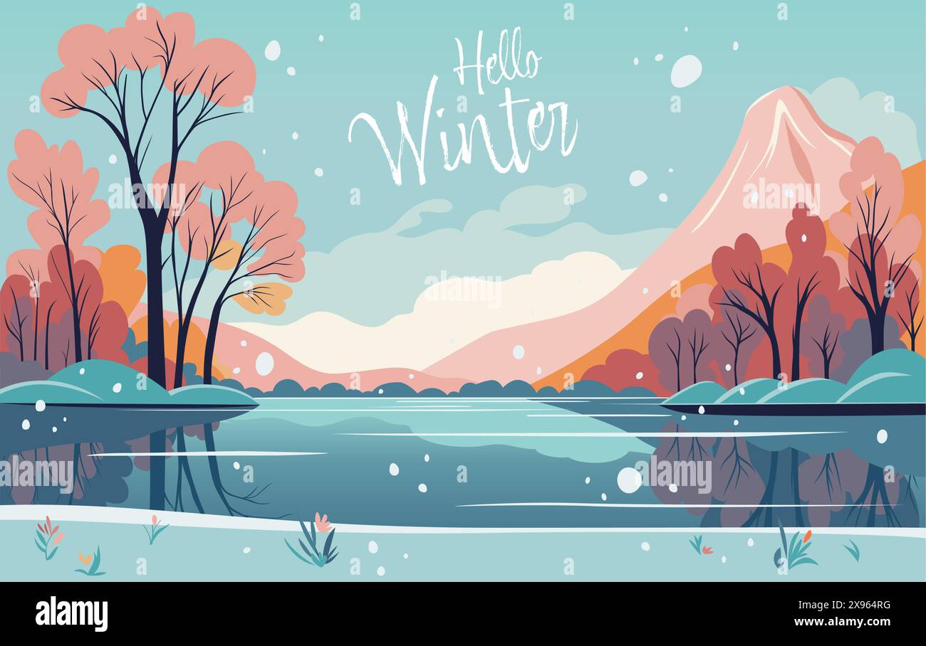 Konzeptposter Winterlandschaft mit schneebedeckten Hügeln und ruhigem See. Illustration des flachen Vektors im Querformat Stock Vektor