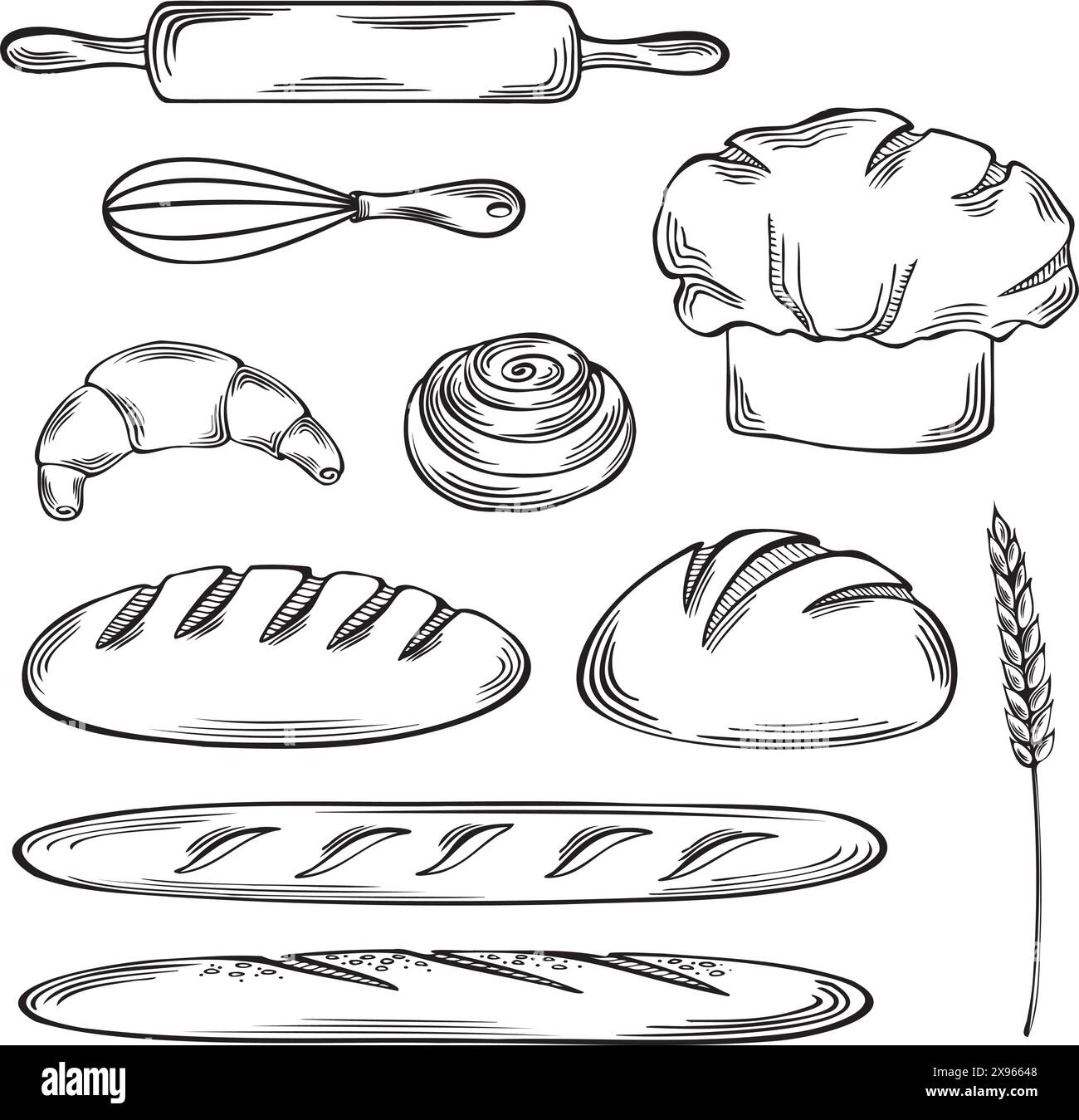 Französische Backwaren und Werkzeuge. Vektorgrafik. Set aus Baguettes und Brot, Croissant und Zimtbrötchen. Kochmütze, Stecknadel und Schneebesen wi Stock Vektor