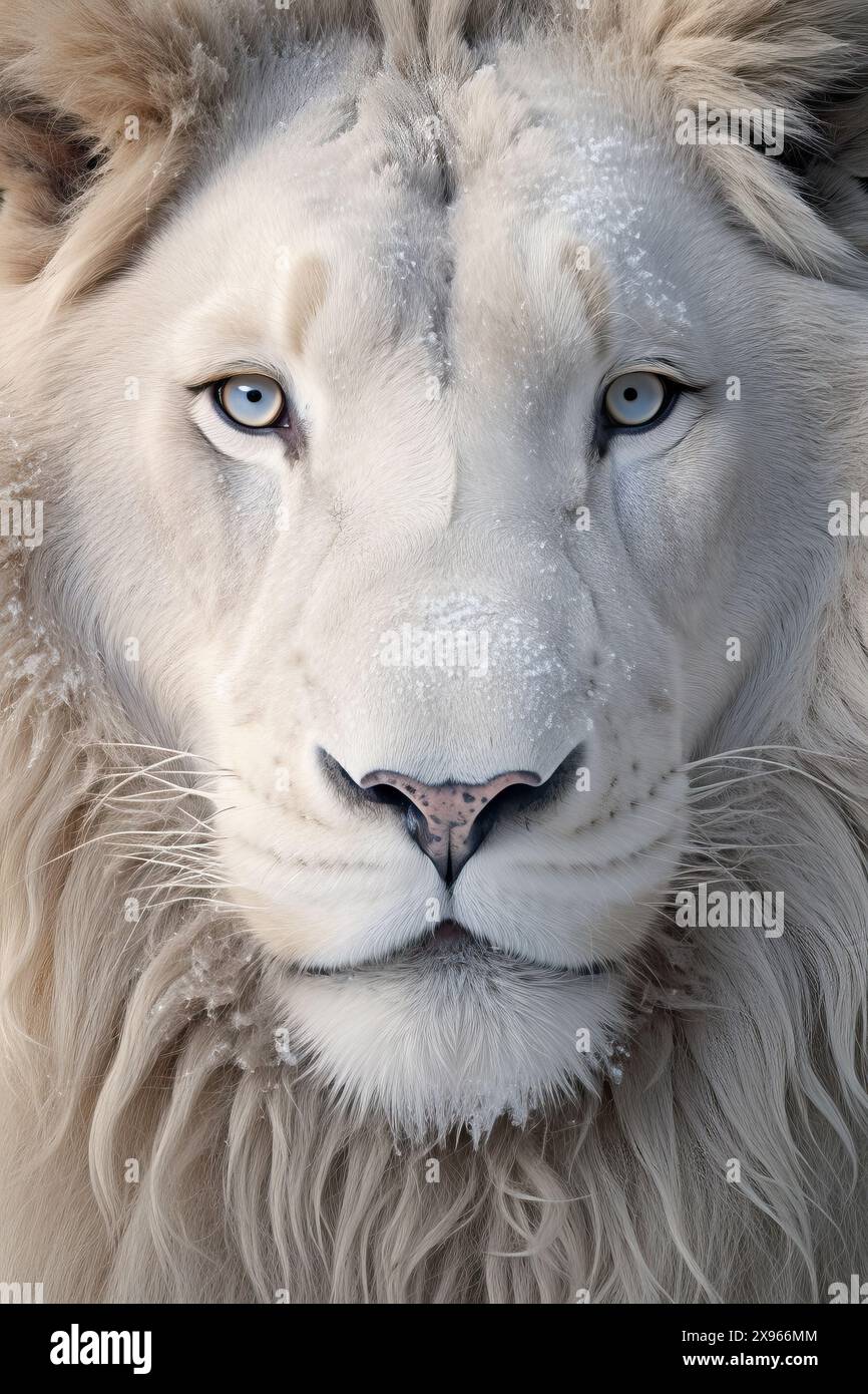 KI erzeugte ein Porträt eines männlichen Weißen Löwen in einer verschneiten Umgebung Stockfoto