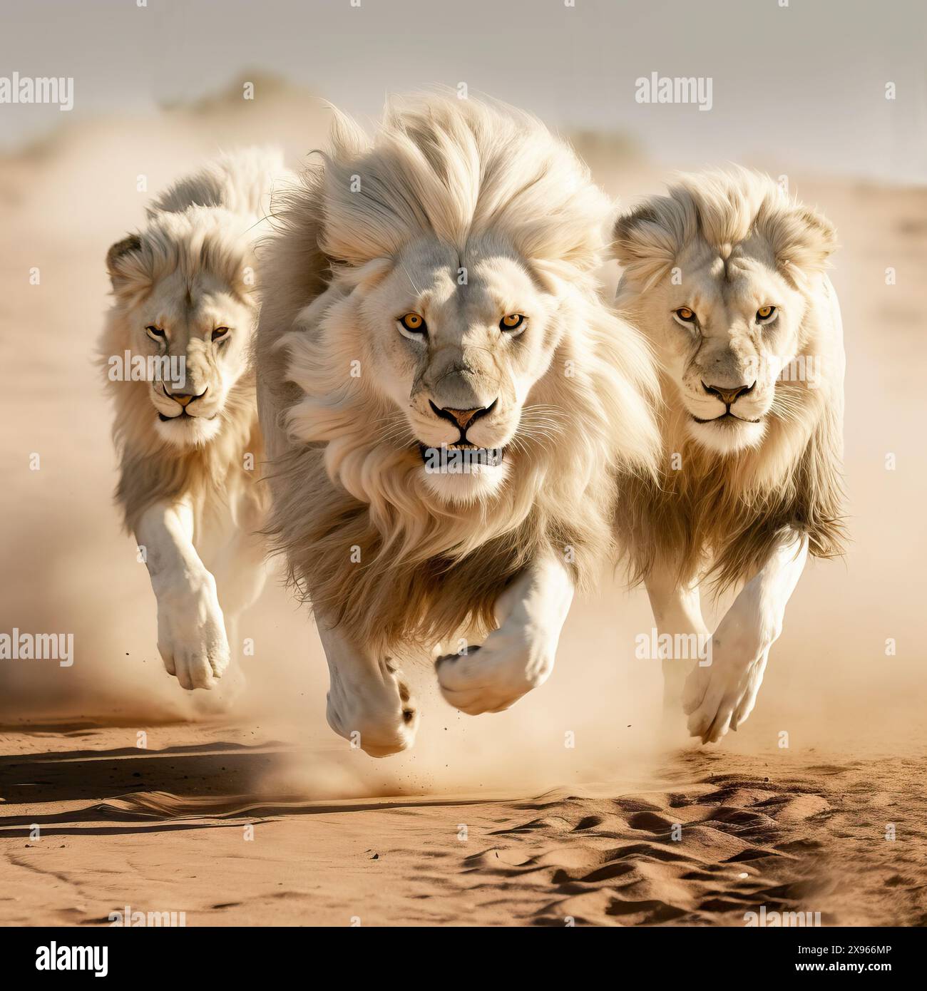 KI generierte Bilder von männlichen Löwen, die in der Wüste, Namibia, Afrika, laufen Stockfoto