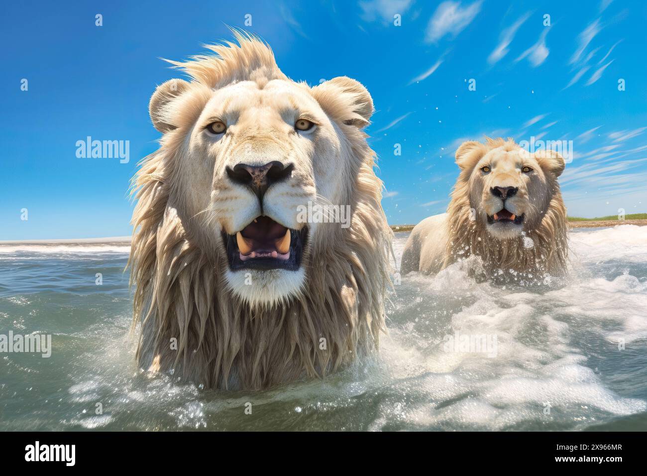 KI-generiertes Bild von männlichen Löwen, die im Ozean schwimmen, Namibia, Afrika Stockfoto