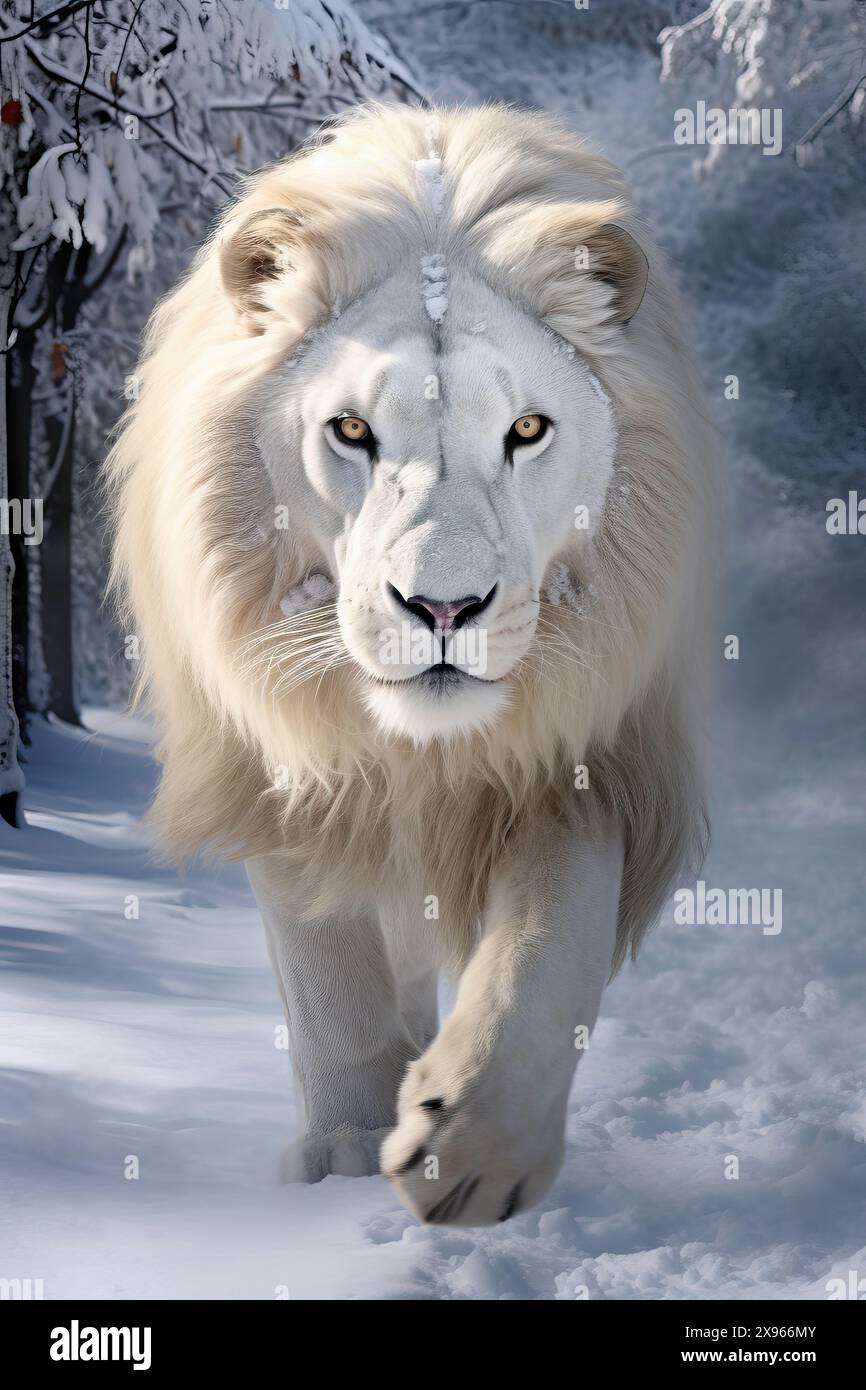 KI erzeugte ein Porträt eines männlichen Weißen Löwen in einer verschneiten Umgebung Stockfoto
