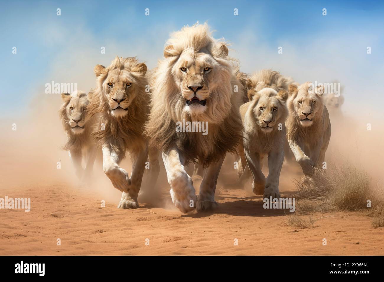 KI generierte Bilder von männlichen Löwen, die in der Wüste, Namibia, Afrika, laufen Stockfoto