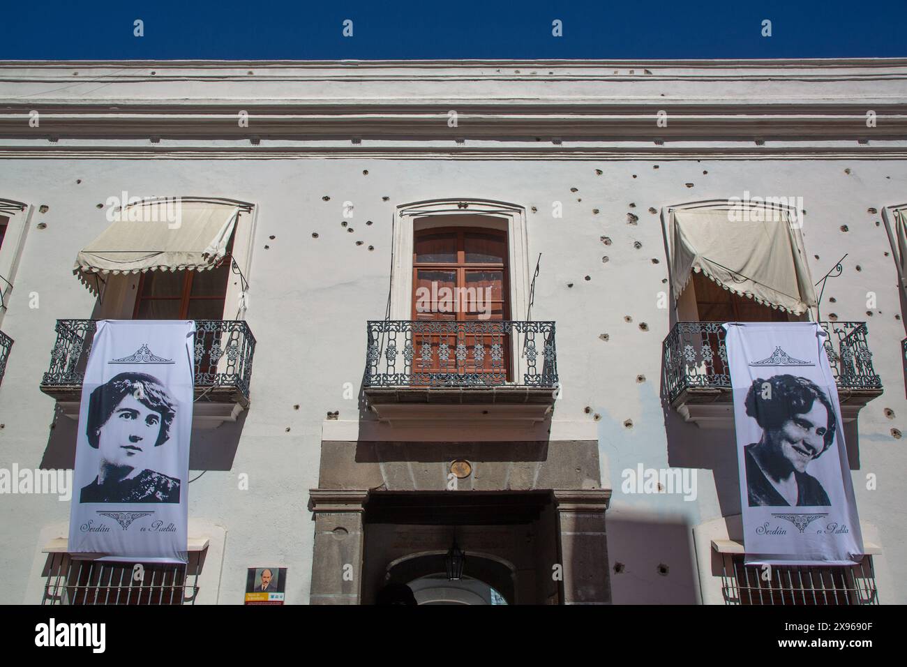 Schusslöcher, Casa de Los Hermanos Serdan, mexikanisches Revolutionsmuseum, historisches Zentrum, UNESCO-Weltkulturerbe, Puebla, Puebla State, Mexiko Stockfoto