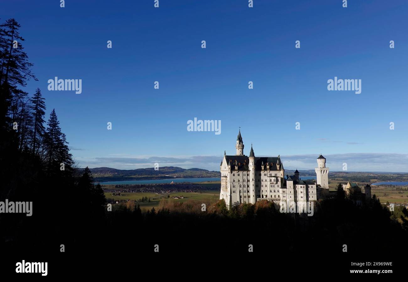 Schloss Neuschwanstein, ein historisches Schloss aus dem 19. Jahrhundert auf einem zerklüfteten Hügel am Fuße der Alpen, Schwaben, Südbayern, Deutschland, Europ Stockfoto