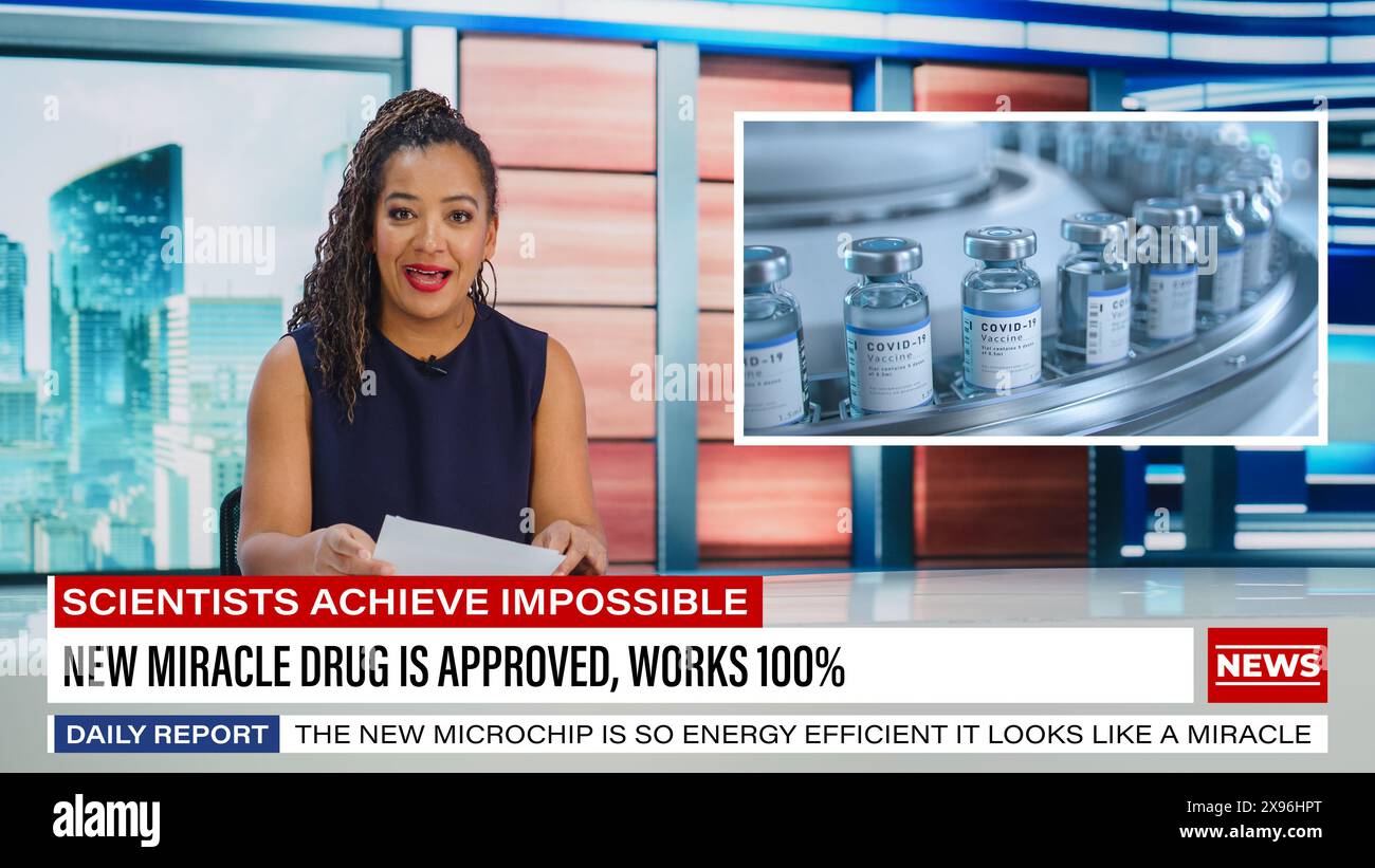 Split Screen TV News Live Report Anchor Talks. COVID-19-Krise: Krankenhausnotfall, Ärzte und Patienten, Impfung, Impfstoffproduktion, Gesundheitswesen. Tv-Programmkanalkonzept Stockfoto