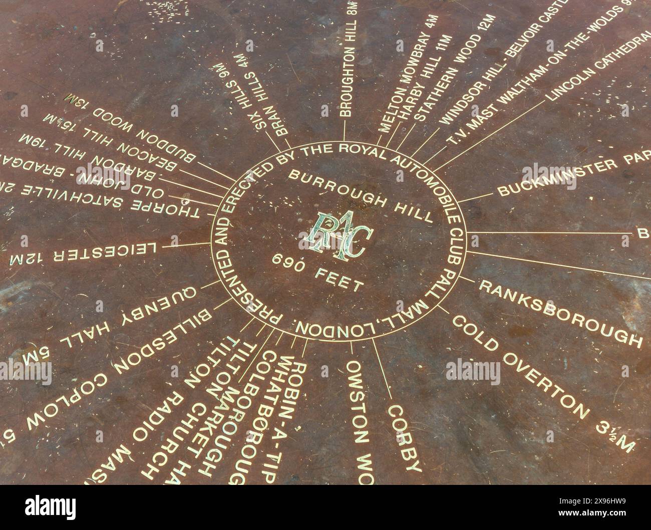 Metall gravierten Detail aus Orientierungstafel auf Burrough Hügel in der Nähe von Melton Mowbray, Leicestershire, UK Stockfoto