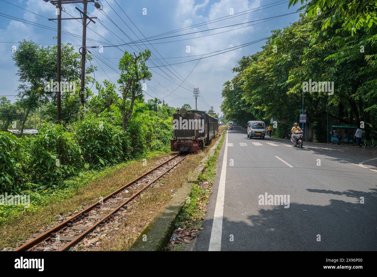 Darjeeling, West Bengal, Indien - 10. August 2023 : Schmalspurbahn zwischen New Jalpaiguri und Darjeeling. Dieselspielzeugzug, der durchfährt. Stockfoto