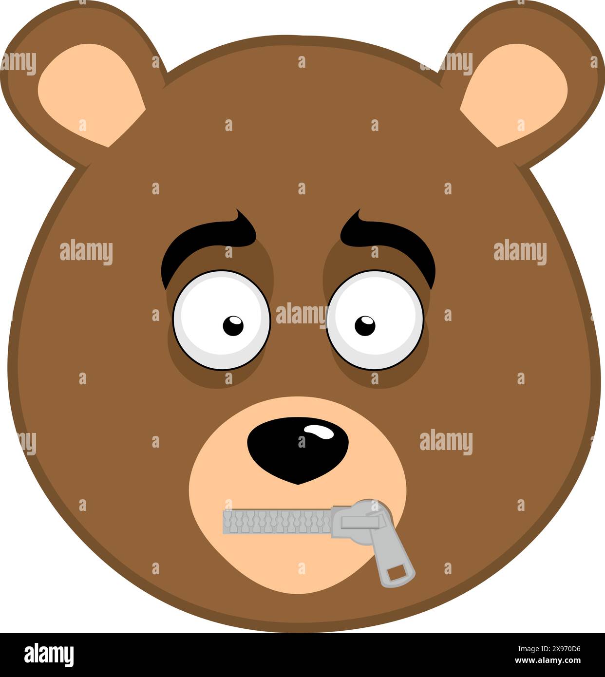 Vektor-Illustration Gesicht brauner Bär Grizzly Cartoon, mit einem Reißverschluss im Mund im Konzept der Stille Stock Vektor