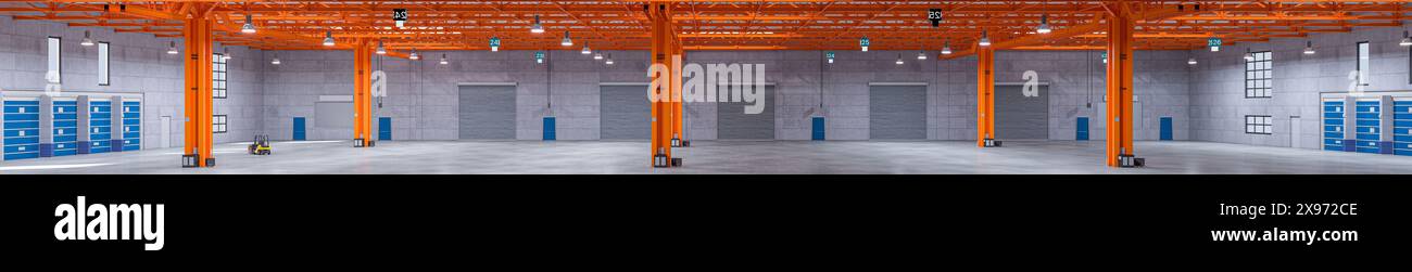 Weitwinkelblick, unbesetztes Industrielager, orangefarbene Balken, graue Wände Stockfoto