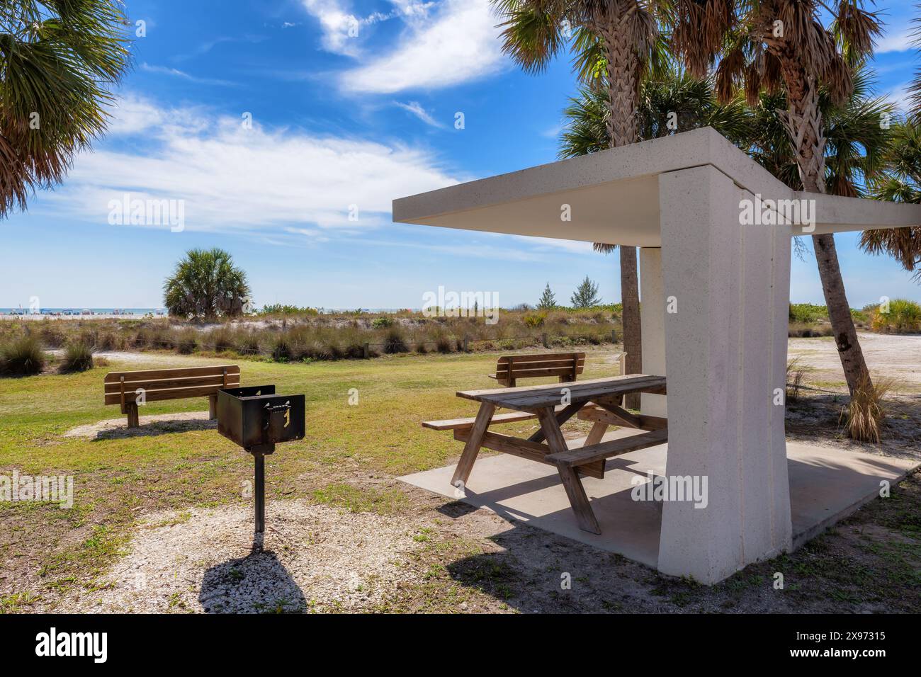 Picknicktische und Unterstände am Siesta Key Beach in Florida, wo Besucher ein Picknick unter Palmen am Meeresstrand genießen können. Stockfoto Picknicktische und Unterstände am Siesta Key Beach in Florida, wo Besucher ein Picknick unter Palmen am Meeresstrand genießen können. Stockfoto