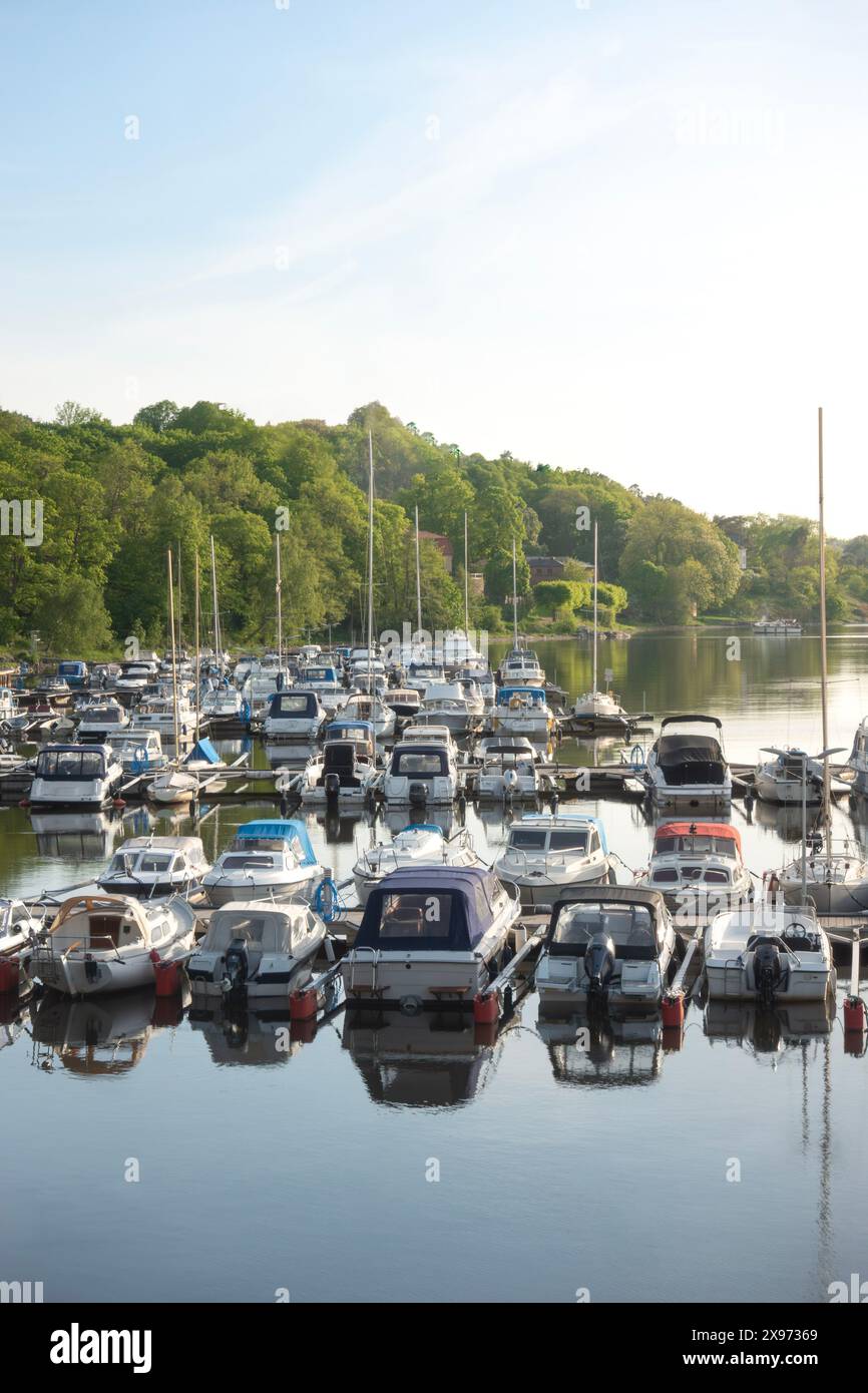 Marina von kleinen Booten in ruhigem Wasser mit grünem Wald im Hintergrund in der Nachmittagssommersonne Stockfoto