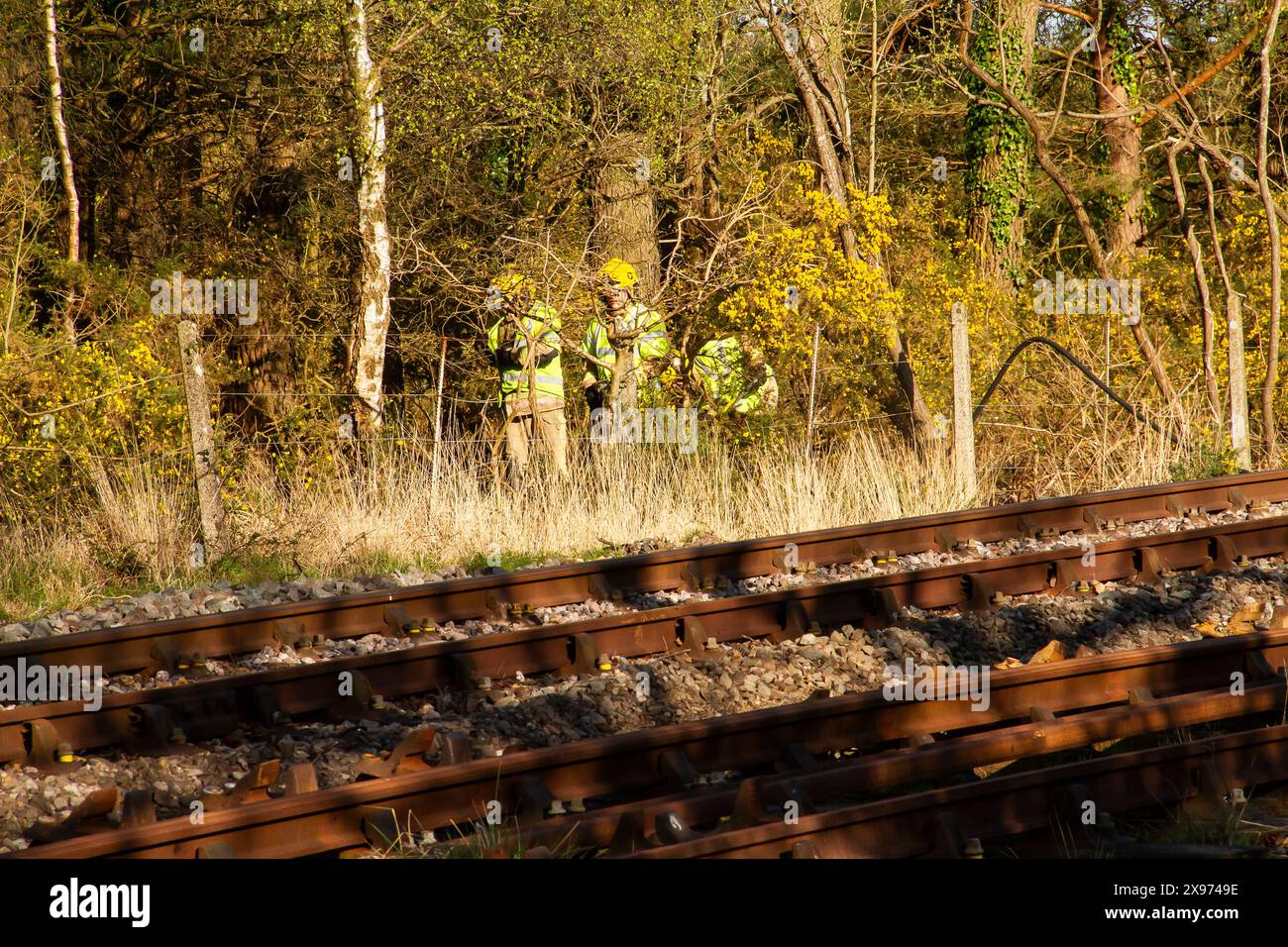 Lineseitiges Feuer, Feuerwehrleute in Anwesenheit, Creech Bottom, Swanage Railway Strict Bulleid Steam Gala 2017 Stockfoto