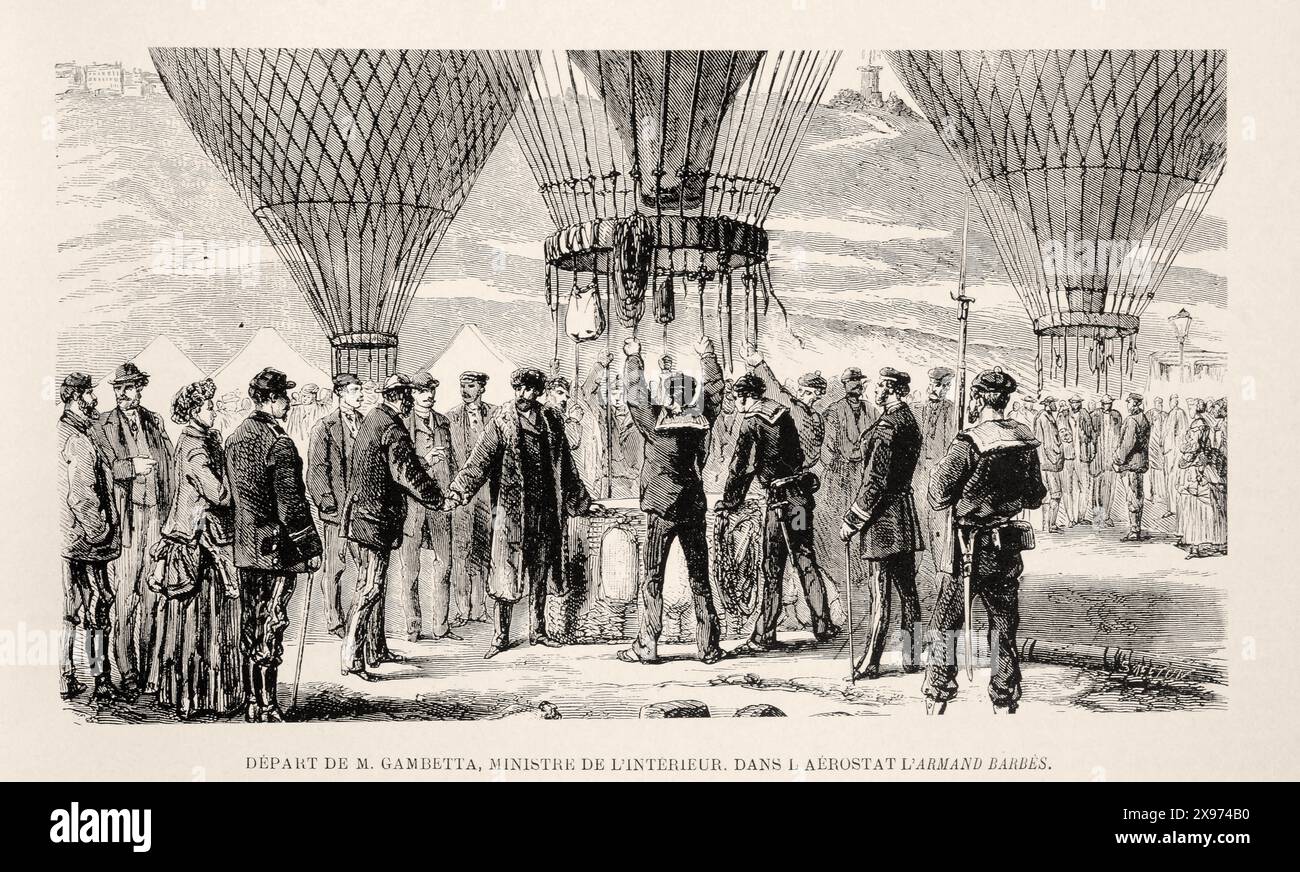 "DÉPART DE M. GAMBETTA, MINISTRE DE L'INTÉRIEUR, DANS L'AÉROSTAT L'ARMAND BARBÈS". ['ABREISE VON HERRN GAMBETTA, INNENMINISTER, IM BALLON L'ARMAND BARBÈS."] - Auszug aus L'Illustration Journal Universel - französisches Illustrationsmagazin. Das Bild fängt einen historischen Moment der Flucht von Léon Gambetta aus Paris im Ballon während der Belagerung von Paris ein, umgeben von einer Menschenmenge. Der Stil ist eine detaillierte Gravur mit sorgfältiger Aufmerksamkeit auf den historischen Ballon und die Figuren. Stockfoto