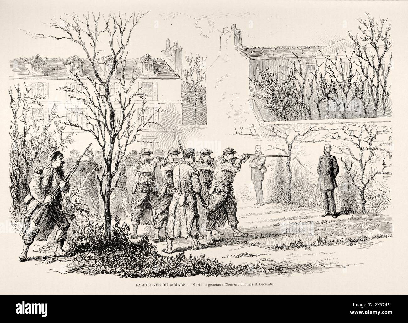 "LA JOURNÉE DU 18 MARS. – Mort des généraux Clément Thomas et Lecomte.“ ['DER TAG DES 18. MÄRZ. - Tod der Generäle Clément Thomas und Lecomte." - Auszug aus L'Illustration Journal Universel - französisches Illustrationsmagazin. Das Bild stellt die Hinrichtung zweier Generäle dar, die einen entscheidenden Moment in der Geschichte darstellen. Der Stil ist eine detailreiche Gravur mit Betonung auf die krasse Realität der Veranstaltung. | Stockfoto