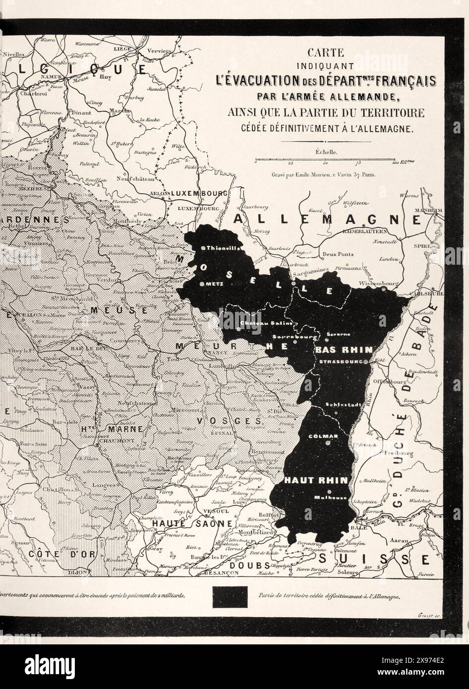 "CARTE indiquant l'évacuation des Départements francaais par l'armée allemande, ainsi que la partie du Territoire cédée définitivement à l'Allemagne". ['KARTE, die die Evakuierung der französischen Departements durch die deutsche Armee sowie den Teil des Territoriums, der dauerhaft an Deutschland abgetreten ist, anzeigt.'] - Auszug aus L'Illustration Journal Universel - französisches Illustrationsmagazin. Dieses Bild zeigt eine Karte mit Gebieten, die für Evakuierung markiert sind, und Gebieten, die an Deutschland abgetreten wurden, die die geopolitischen Veränderungen nach einem Konflikt widerspiegeln. Der Stil ist eine klare und informative Gravur. Stockfoto