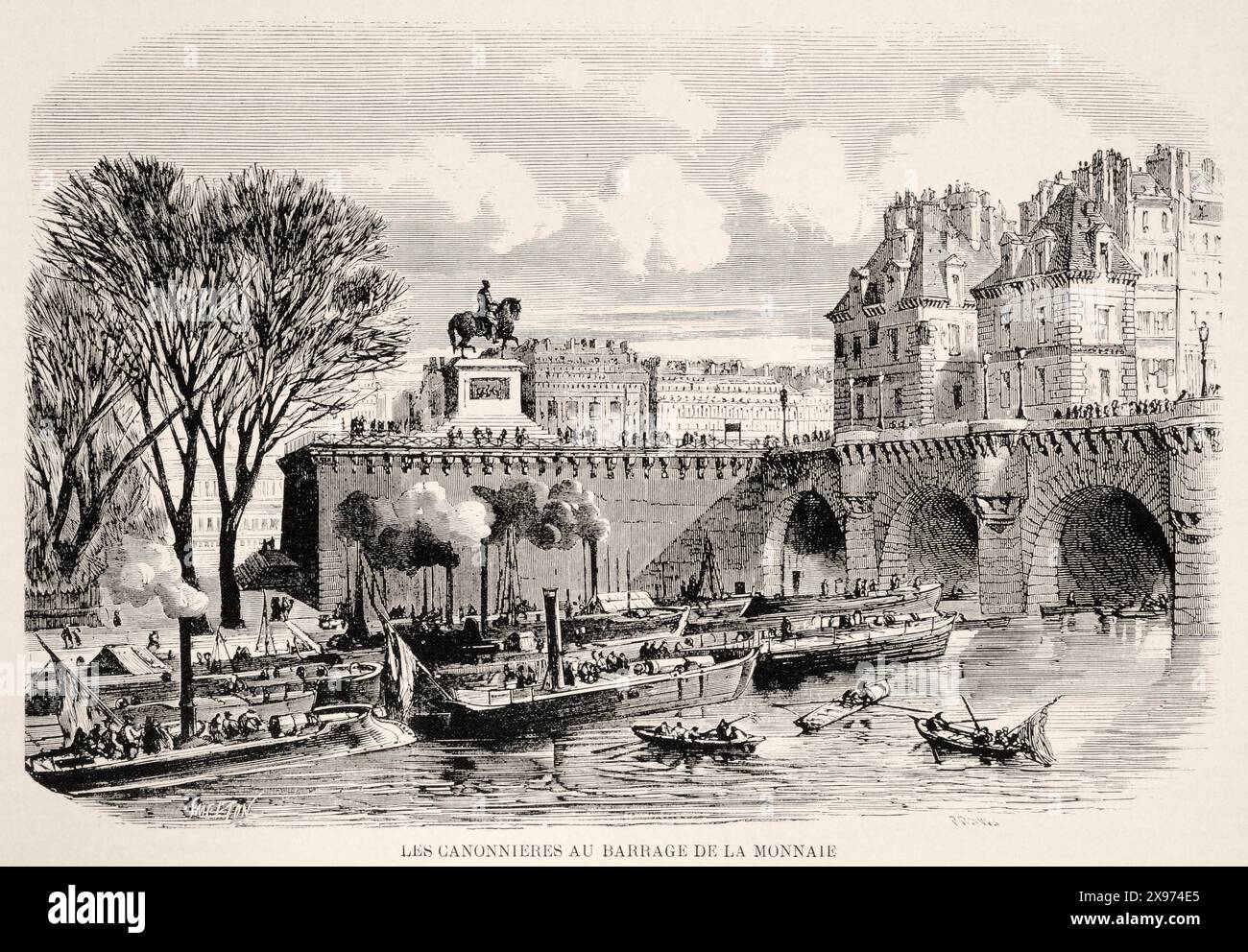 "LES CANONNIééres AU BARRAGE DE LA MONNAIE" - "die Kanonenboote am Barrage de la Monnaie" - Auszug aus "L'Illustration Journal Universel" - französisches Illustrationsmagazin - ein Bild, das eine Flussszene mit Kanonenbooten und einer Brücke im Hintergrund darstellt. Menschen werden auf den Booten und der Brücke vor dem Hintergrund von Gebäuden gesehen. Der Stil ist ein detaillierter Schwarz-weiß-Gravur aus dem 19. Jahrhundert. | Stockfoto