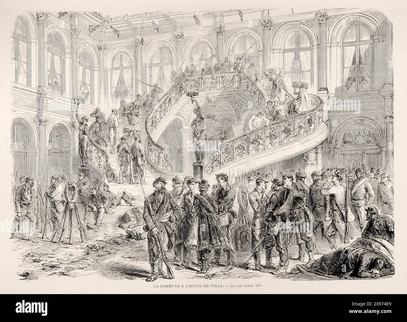 LA COMMUNE À L'HÔTEL-DE-VILLE. - La Cour Louis XIV." DIE GEMEINDE IM RATHAUS. – Der Hof Ludwig XIV.“] - Auszug aus L'Illustration Journal Universel - französisches Illustrationsmagazin. Dieses Bild zeigt eine Gruppe von Menschen aus der Kommune im Innenhof eines großen Gebäudes. Der Stil ist ein detailreicher Gravur mit architektonischen Elementen und verschiedenen Figuren. Stockfoto