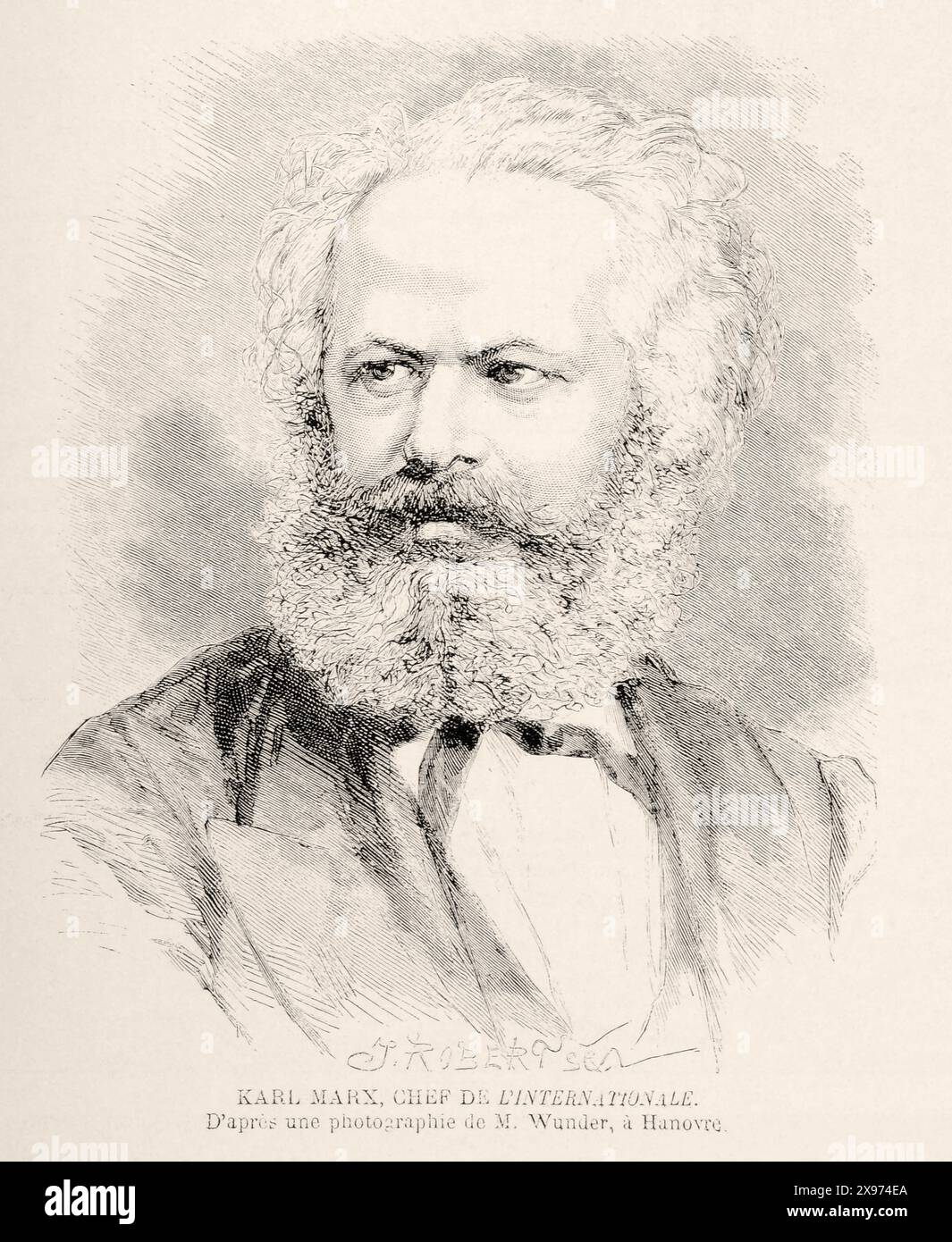 KARL MARX, CHEF DE L'INTERNATIONALE. D'après une photographie de M. Wunder, à Hanovre." - KARL MARX, FÜHRER DER INTERNATIONALEN WELT. Von einem Foto von Mr. Wunder in Hannover. - Auszug aus L'Illustration Journal Universel - französisches Illustrationsmagazin - Ein Porträt von Karl Marx, dargestellt in einem detaillierten Schwarzweiß-Gravur, mit feinen Linien und Schattierungen. | - 1871 Stockfoto