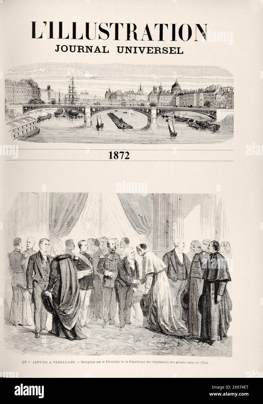 'L'ILLUSTRATION JOURNAL UNIVERSEL 1872' - 'THE ILLUSTRATION UNIVERSAL MAGAZINE 1872' - Auszug aus 'L'Illustration Journal Universel' - französisches Illustriertes Magazin - das Titelblatt für das Jahr 1872 mit detaillierten Gravuren einer Brückenszene in Paris und einer Empfangshalle mit verschiedenen Figuren in formeller Kleidung. Stockfoto